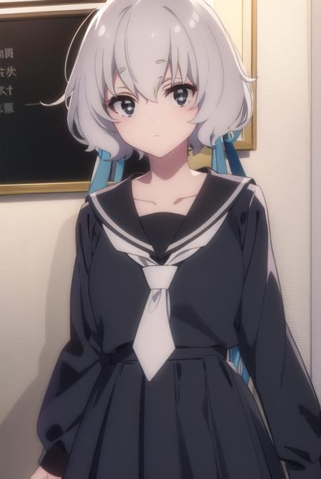 junkokonno, <lora:junko konno s2-lora-nochekaiser:1>,junko konno, low twintails, (black eyes:1.5), twintails, white hair,BREAK sailor dress, serafuku, skirt, school uniform, white necktie, necktie, long sleeves,BREAK looking at viewer, full body,BREAK indoors, classroom,BREAK <lyco:GoodHands-beta2:1>, (masterpiece:1.2), best quality, high resolution, unity 8k wallpaper, (illustration:0.8), (beautiful detailed eyes:1.6), extremely detailed face, perfect lighting, extremely detailed CG, (perfect hands, perfect anatomy),