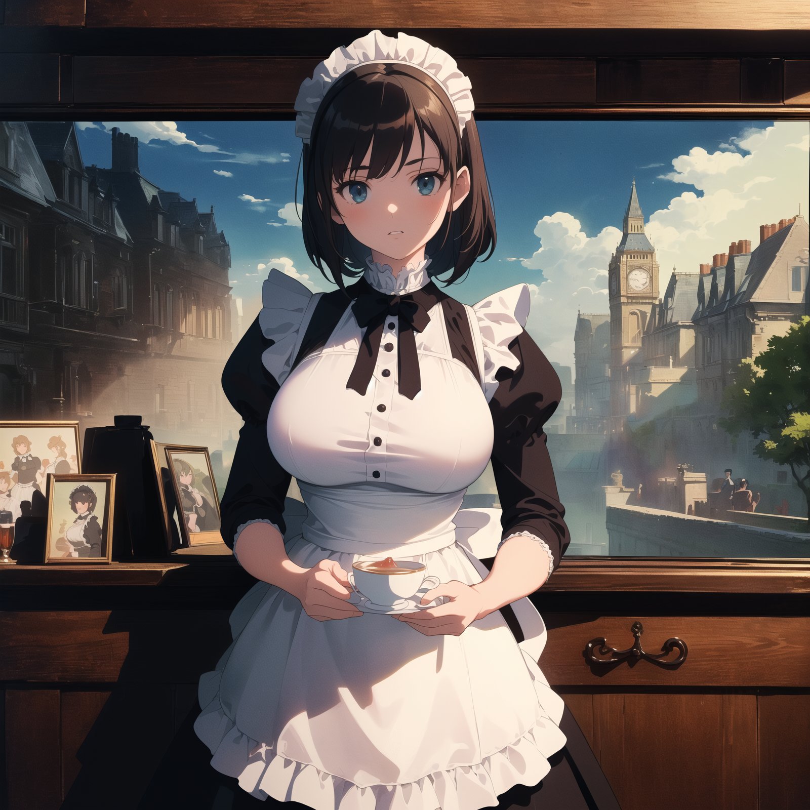 ((SFW)),(masterpiece, best quality:1.4), (ultra detailed),(absurdres), (highres),(ultimate quality detailed, 4K:1.3),(Perfect (delicate animation cel) and (accurate detailed anatomy):1.3), cowboy shot, anime beautiful girl, (edwardian Maid, edwardian Maid costume:1.3), working, solo, huge breast, Luxury tea rounge in background,in London,<lyco:GoodHands-vanilla:1.5>, <lora:neg4all_bdsqlsz_V3.5:1.3>