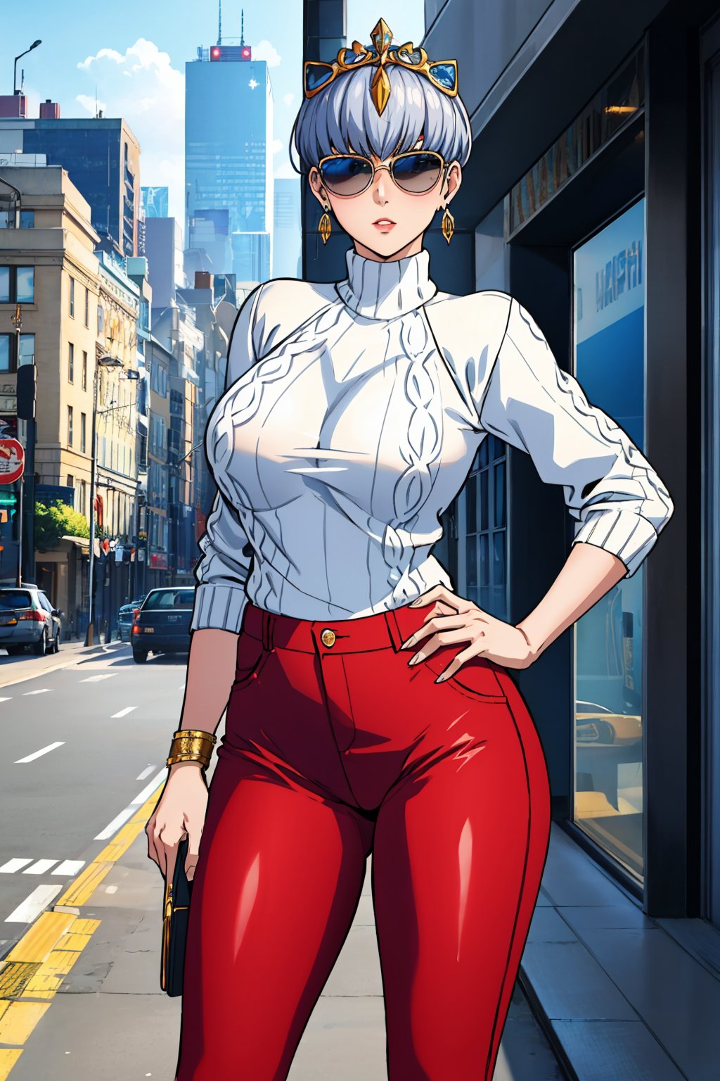 masterpiece, best quality, <lora:majocleopatra-nvwls-v1-000009:1> majoCleopatra, tiara, earrings, white sweater, large breasts, cable-knit sweater, red pants, contrapposto, looking at viewer, sunglasses, cityscape