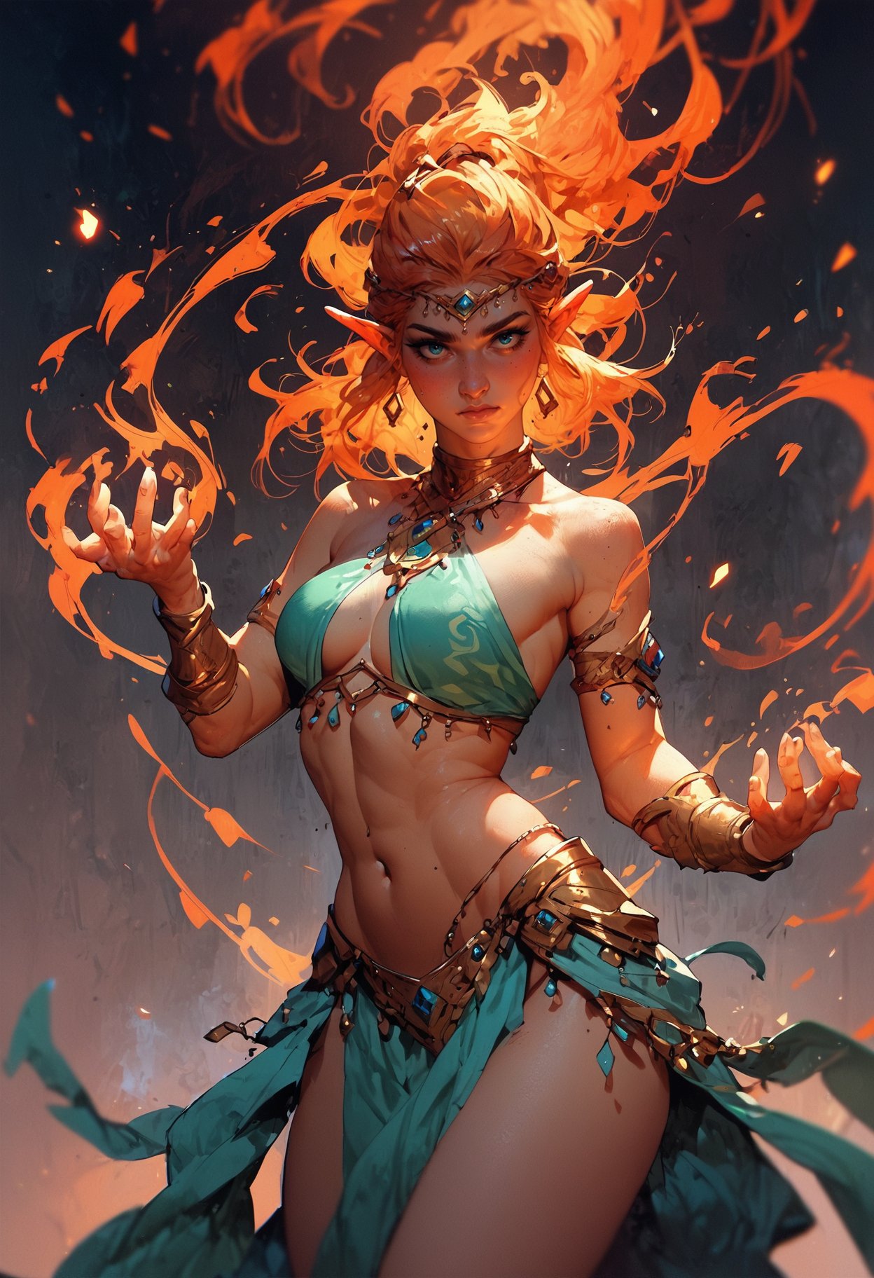 score_9, score_8_up, score_7_up, score_6_up, score_5_up, score_4_up,<lora:EpicF1reP0ny:0.8>, elf fire dancer, belly dancer outfit, fire aura, fantasy,solo focus,epic,