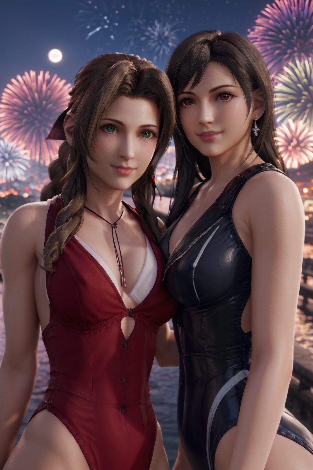 score_9, score_8_up, score_7_up, sexy boudoir photography by Hajime Sorayama, (close up), 2girls, AerithFF7R, aerith gainsborough, green eyes, and (tifa lockhart), long hair, fireworks, realistic, night moon, bridge, (looking at viewer), blurry background, red eyes, swimsuit<lora:EMS-465549-EMS:0.800000>