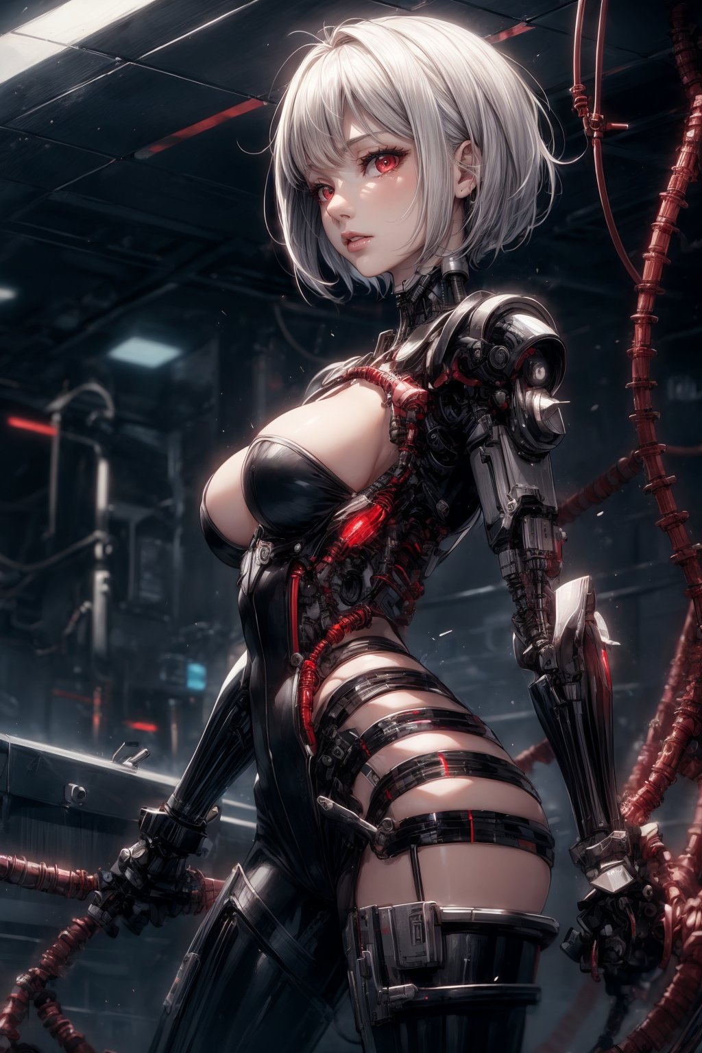 1girl, solo, breasts, looking at viewer, short hair, bangs, red eyes, standing, white hair, cowboy shot, shiny, from side, lips, machinery, science fiction, android, joints, cable, mechanical arms, mechanical parts, wire, tube, spine<lora:EMS-179-EMS:0.500000>, <lora:EMS-1093-EMS:0.500000>, <lora:EMS-63140-EMS:0.400000>