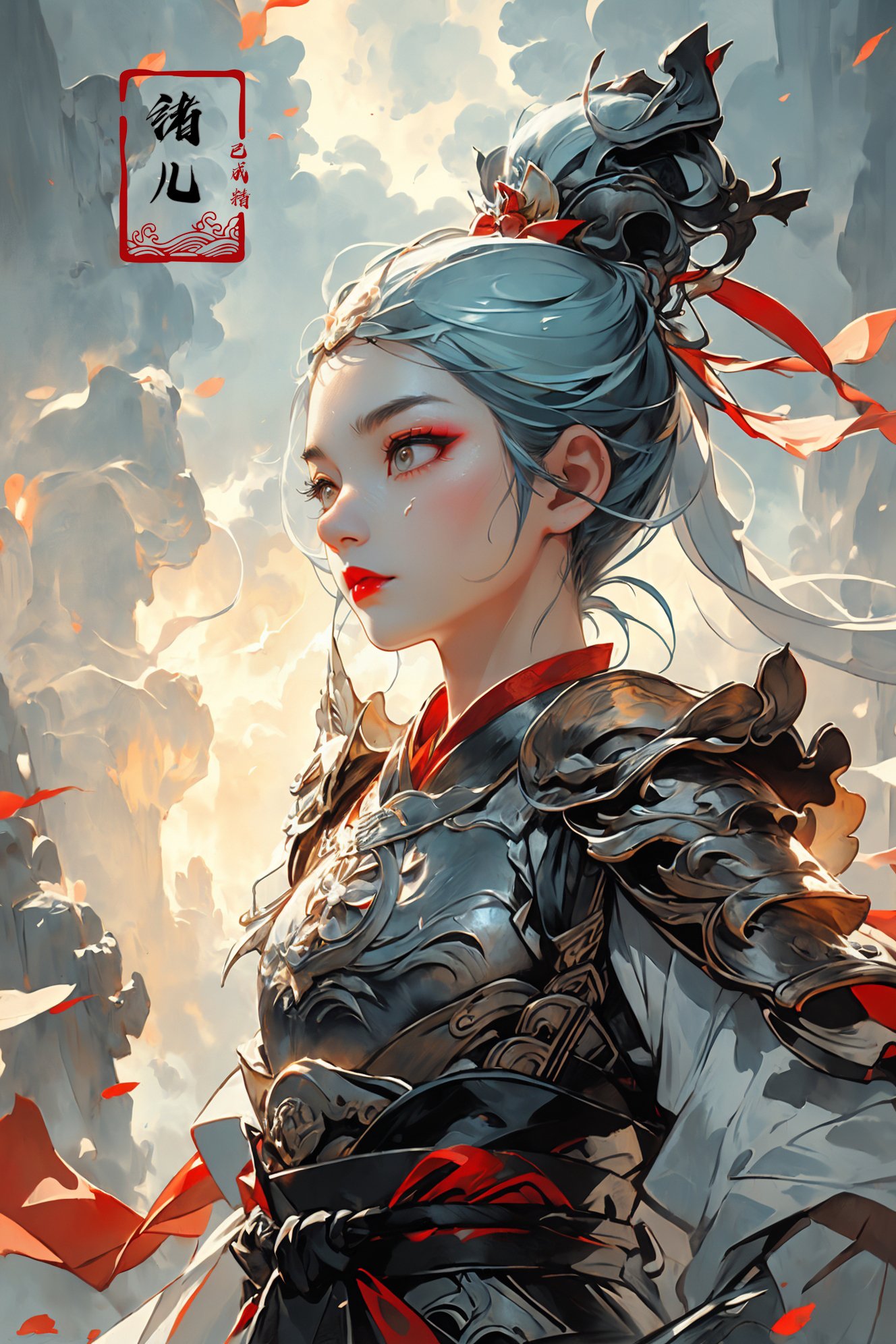 Dynamic Angle, Perspective, High Point,pov，1woman, xuer Ancient Chinese armor,  shoulder armor，holding weapon, Chinese sword，(full body:1.1), A mature face，sideways glance, (cold attitude,eyeshadow,eyeliner:1.1),(red lips:1.3),watery eyes,   (Milky skin:1.2), (shiny skin:1.4)，(long legs:1.3),  (upper body:1.5)，A shot with tension，(sky glows blue,Visual impact,giving the poster a dynamic and visually striking appearance:1.2),Chinese Zen style,impactful picture,<lora:绪儿-中国铠甲 xuer Ancient Chinese armor:0.8>
