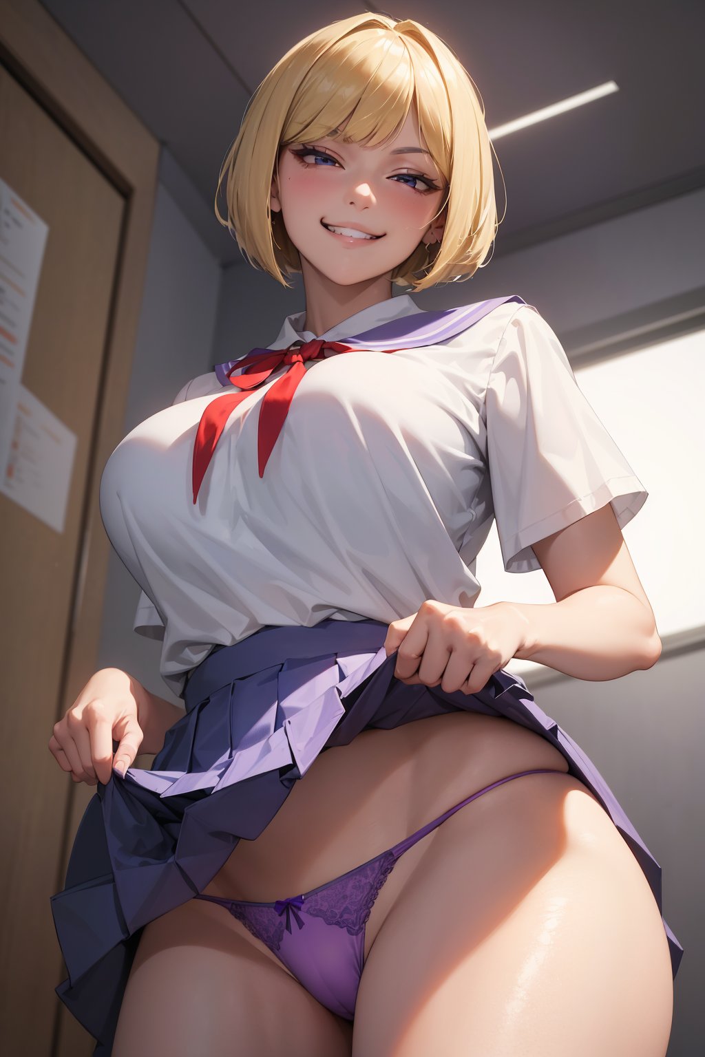 ((masterpiece)), ((best quality)), absurdres, 8k, soft lighting, beautiful lighting,Portrait of a female with huge breasts and blonde bobcut and white blouse blue pleated skirt ((school uniform)) ((skirt lift)) visible (purple thong:1.2) looking at viewer (smug grin:1.4) (from below:1.5) (red ribbon) in school hallway