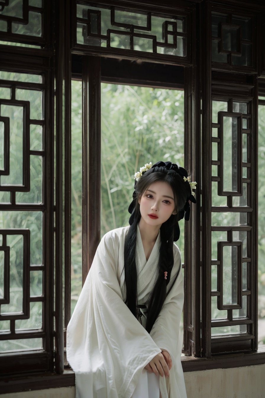 <lora:yuanlin_muggle:0.6>,yuanlin muggle,upper body,looking at viewer,smile,yuanlin muggle,1girl,long hair,black hair,hanfu,chinese traditional clothes,(through window:1.3),close up,