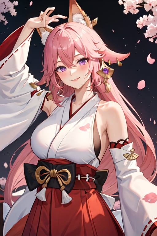 best quality, masterpiece, highres, solo, {white kimono:1.35}, {red hakama:1.35}, {wide sleeves:1.20}, {yae_miko_genshin:1.15}, long_hair, pink_hair, bangs, purple_eyes, animal_ears, hair_between_eyes, fox_ears, jewelry, hair_ornament, earrings, smile, breasts, large_breasts, blush