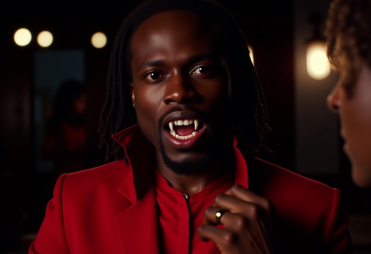 Vampyfangs1. a film still photo. 35mm. 4k. From a 2003 movie. a black Jamaican vampire and is showing off his fangs, he is at a disco club, wearing a red suit. Night. Noir. Nighttime