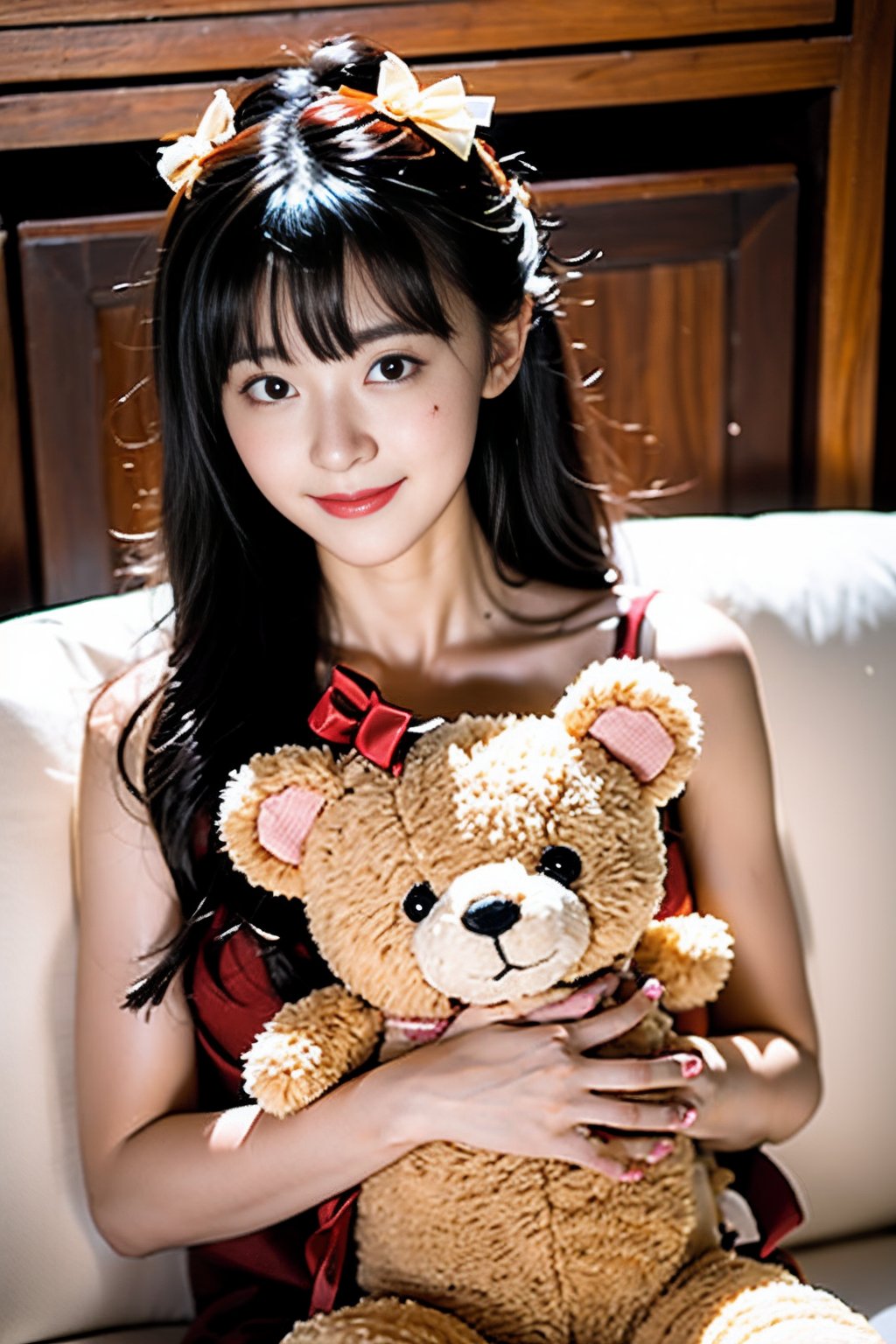 1girl,solo,stuffed toy,stuffed animal,long hair,bow,looking at viewer,hair bow,smile,black hair,ribbon,brown hair,The whole body,teddy bear,bangs,mole,14 y.o.,