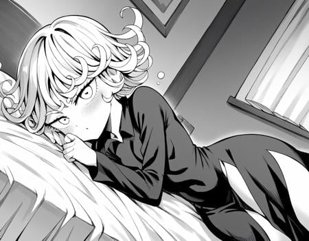 score_9, score_8_up, score_7_up, source_anime,tatsumaki, <lora:opm-tatsumaki-manga-ponyxl-lora-nochekaiser:1>,tatsumaki, short hair, curly hair, monochrome, greyscale,long sleeves, dress,indoors, bed, bed room, on side, blush, drunk,looking at viewer, cowboy shot, solo, dutch angle,