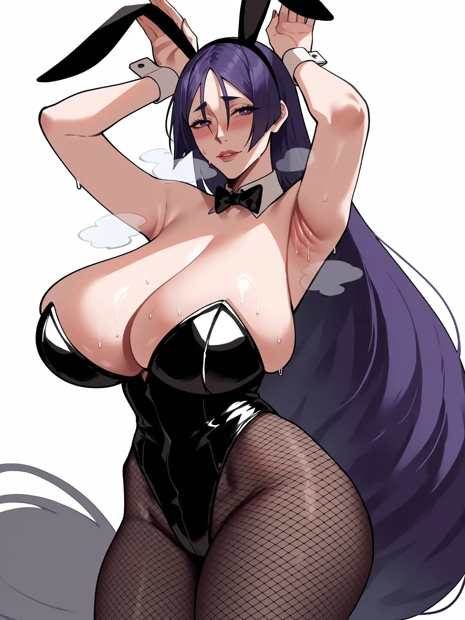 score_9, score_8_up, score_7_up, score_6_up, score_5_up, score_4_up, rating_safe,BREAK1girl, minamoto no raikou \(fate\), purple hair, hime cut, straight hair, purple eyes, blush,BREAKsolo, cowboy shot, huge breasts, sagging breasts, bunny pose, arms up, sweat, steam, legs, black latex bodysuit, playboy bunny, fake animal ears, fishnets, bare arms, straps,BREAKwhite background, simple background, dynamic angle, angled shot, <lora:Lunas-Nyantcha-Thiccwithaq-SDXL-A1:1>