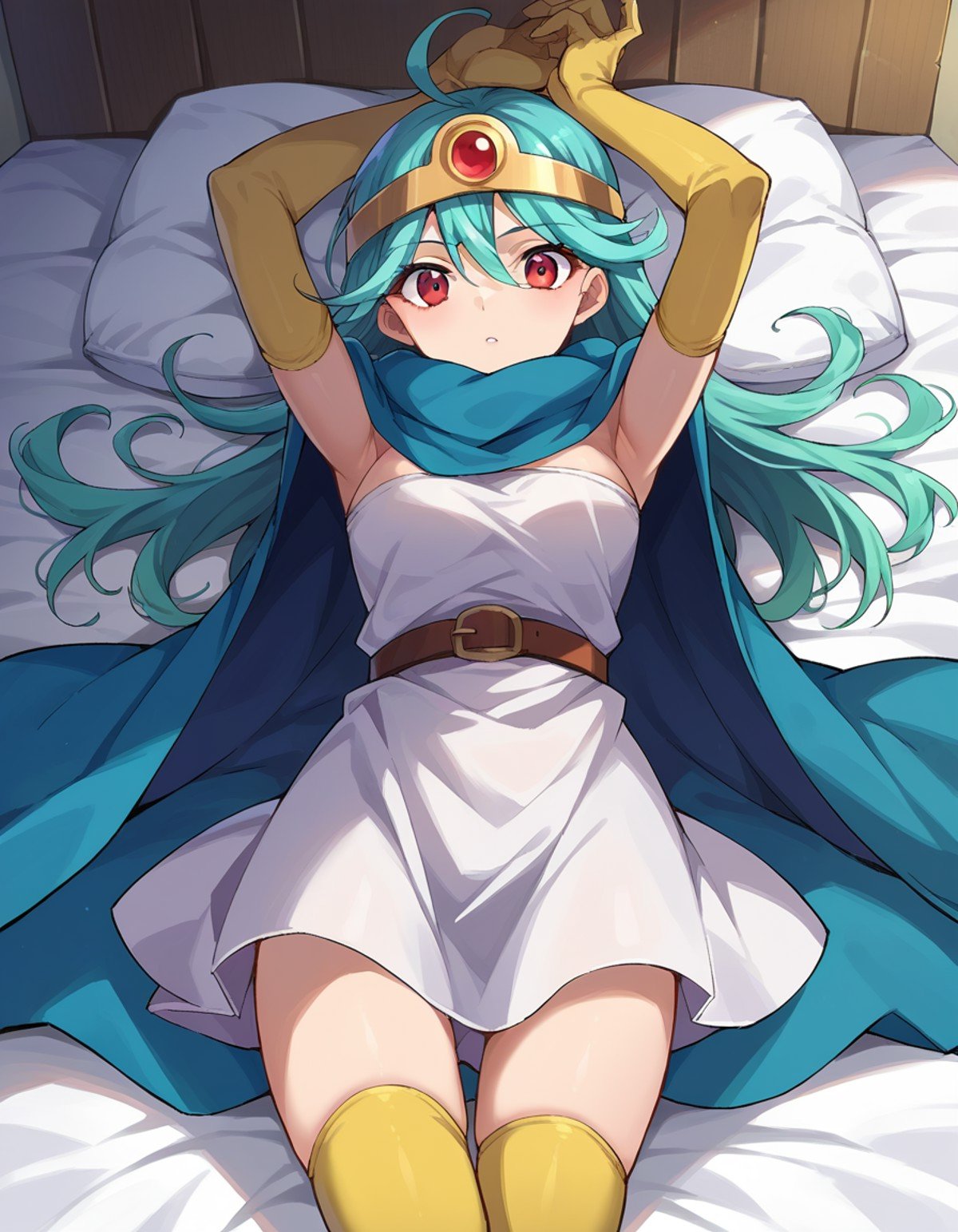 score_9, score_8_up, score_7_up, source_anime,dqsage, <lora:dq-sage-ponyxl-lora-nochekaiser:1>,sage, ahoge, aqua hair, red eyes, long hair,belt, buckle, cape, capelet, circlet, cloak, dress, elbow gloves, gloves, scarf, short dress, sleeveless, sleeveless dress, thighhighs, yellow gloves,indoors, bed, bed room, on back, arm support, arms up, incoming hug, pov, reaching, reaching towards viewer,looking at viewer, dutch angle, cowboy shot,