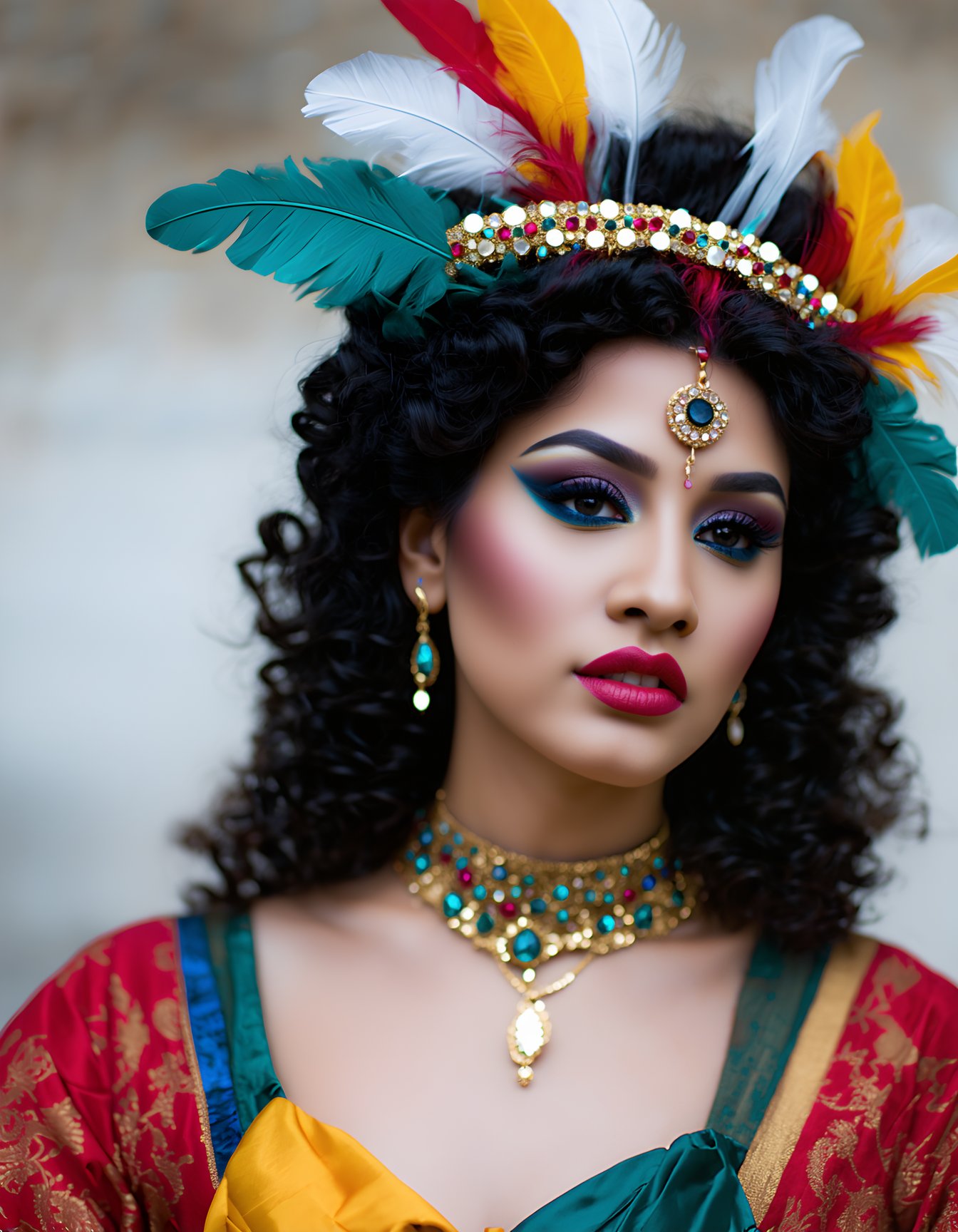 best quality, 4k, 8k, masterpiece, ultra-detailed, photorealistic, woman, long hair, black hair, hair ornament, cleavage, jewelry, upper body, earrings, frills, parted lips, dark skin, necklace, blurry, black eyes, dark-skinned female, lips, blurry background, makeup, feathers, gem, lipstick, eyeshadow, curly hair, realistic, feather hair ornament, mascara, native american,