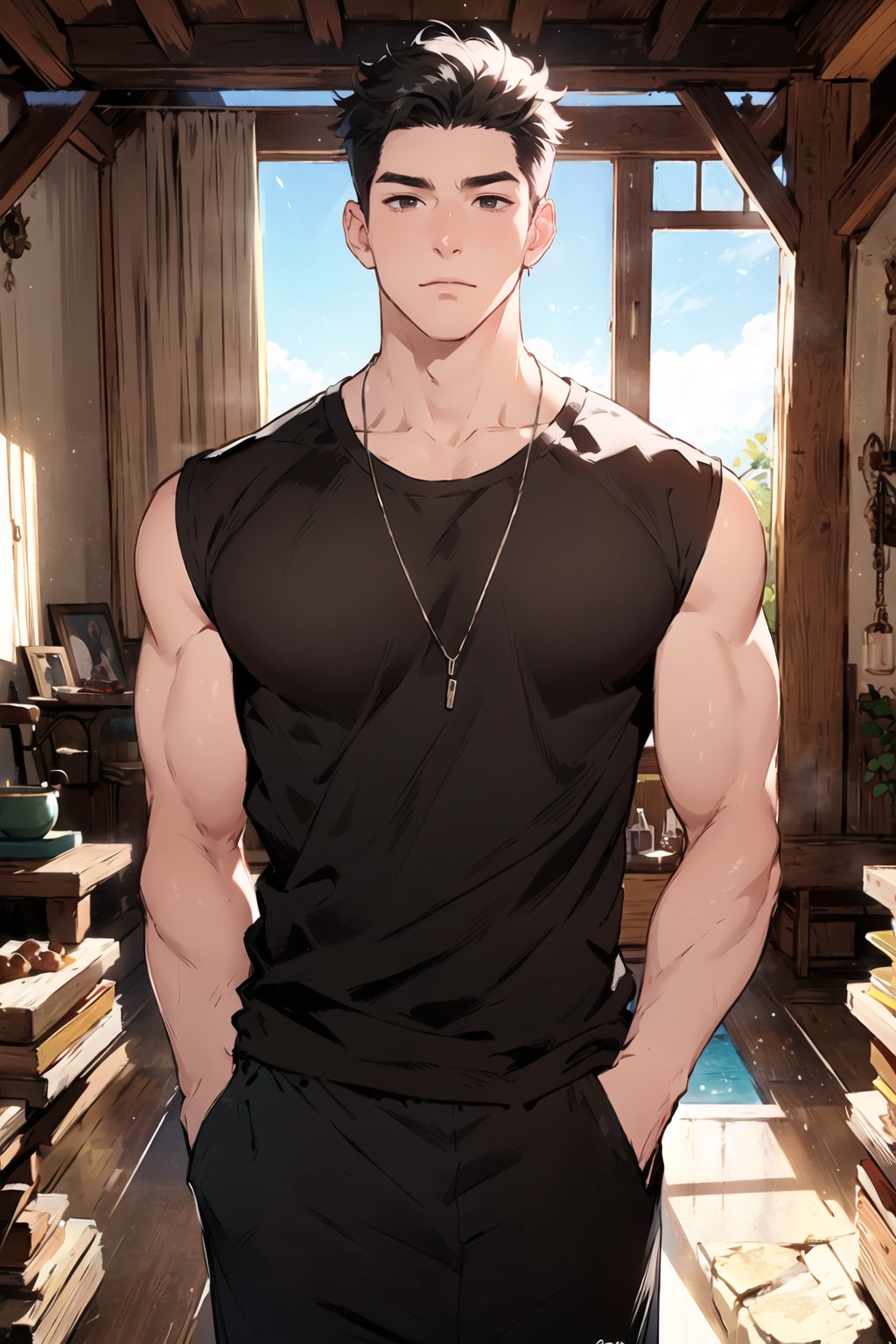 1boy,male focus,solo,shirt,black hair,looking at viewer,black pants,short hair,pants,necklace,hands in pockets,black shirt,indoors,day,sleeveless,window,closed mouth,tank top,sky,contempt,