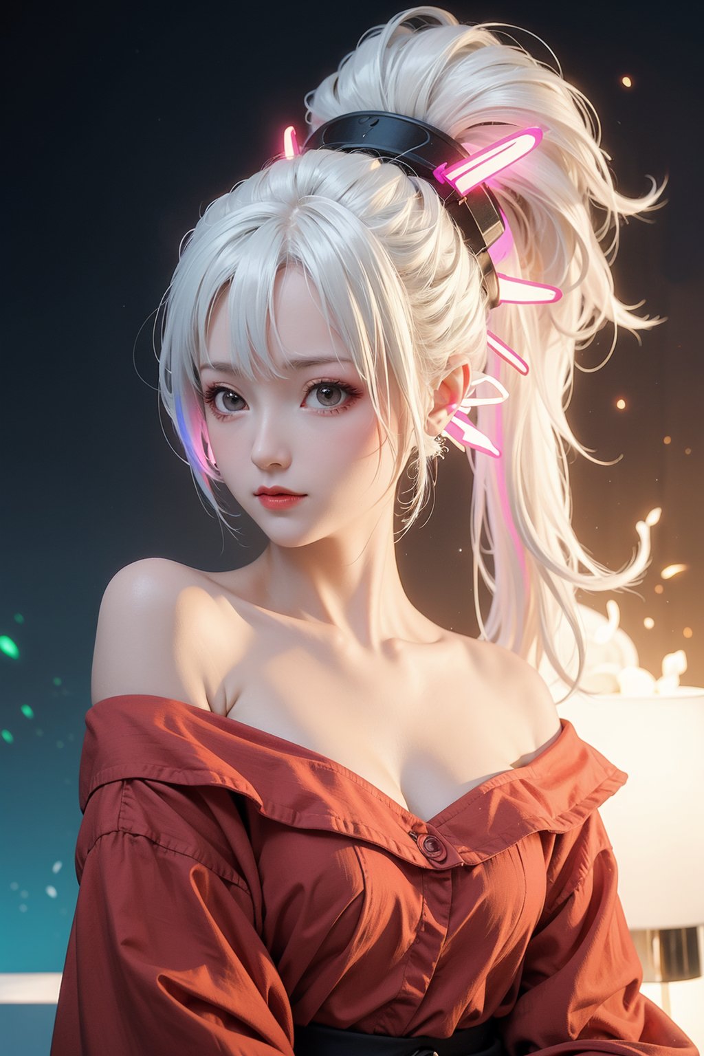 1girl,Long hair,(glowing:1.5),ponytail,fire,white hair,Off Shoulder,neon lamp,xiaowu,1 girl,