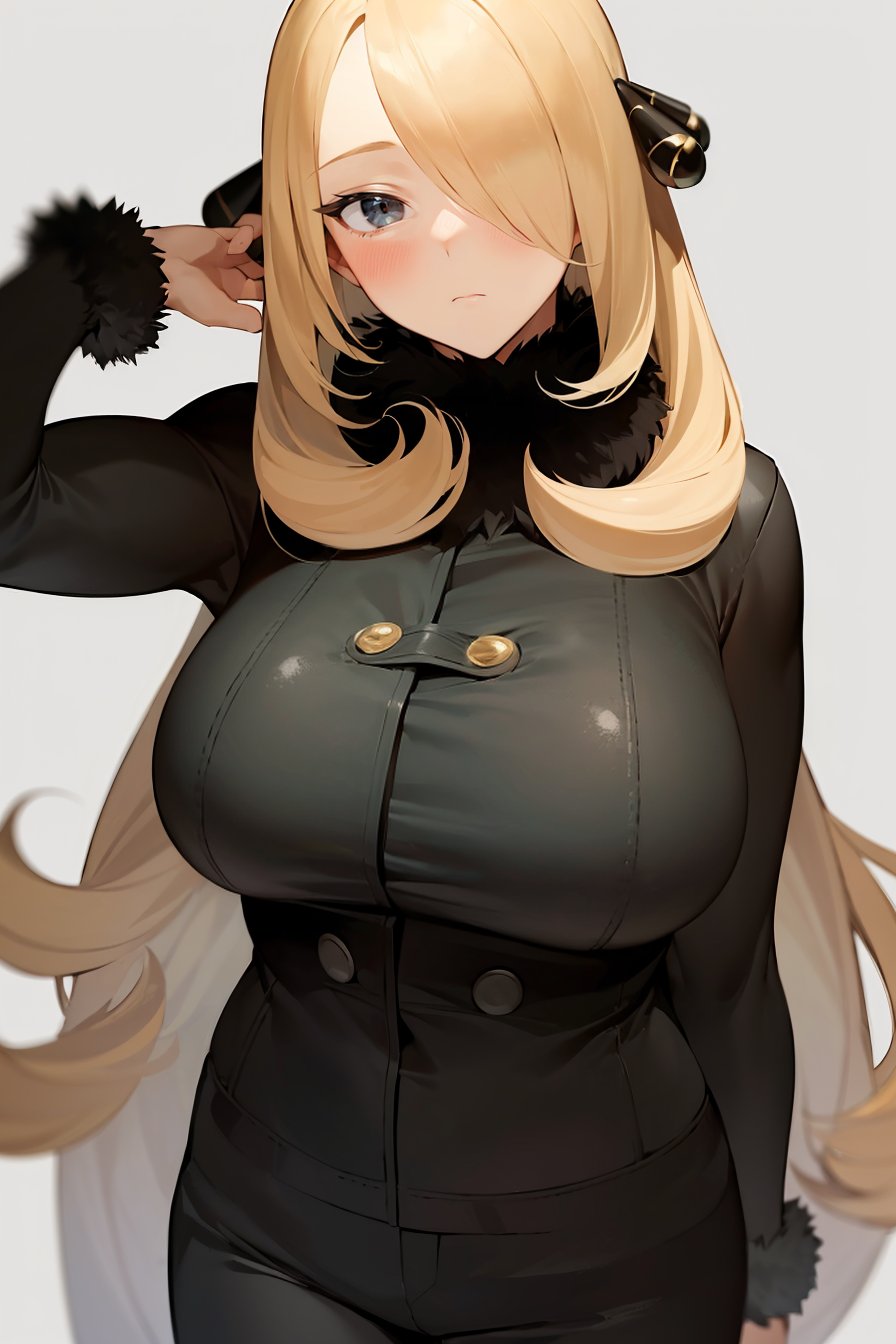 (masterpiece, best quality), 1girl, (solo), looking at viewer,<lora:Cynthia (Ikuchan Kaoru)-offset:1>, cynthia-IK, blonde hair, hair ornament, hair over one eye, long hair, large breasts,fur trim, pants, coat, fur collar, long coat, black coat, black pants, black outfit,expressionless, closed mouth, blush, 