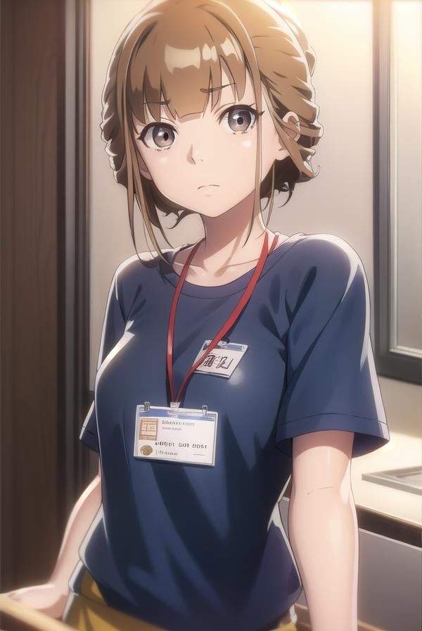 hinatamiyake, <lora:hinata miyake s1-lora-nochekaiser:1>,hinata miyake, short hair, brown hair, (brown eyes:1.5),BREAK shirt, short sleeves, uniform, blue shirt, name tag, id card, employee uniform,BREAK indoors,BREAK looking at viewer,BREAK <lyco:GoodHands-beta2:1>, (masterpiece:1.2), best quality, high resolution, unity 8k wallpaper, (illustration:0.8), (beautiful detailed eyes:1.6), extremely detailed face, perfect lighting, extremely detailed CG, (perfect hands, perfect anatomy),