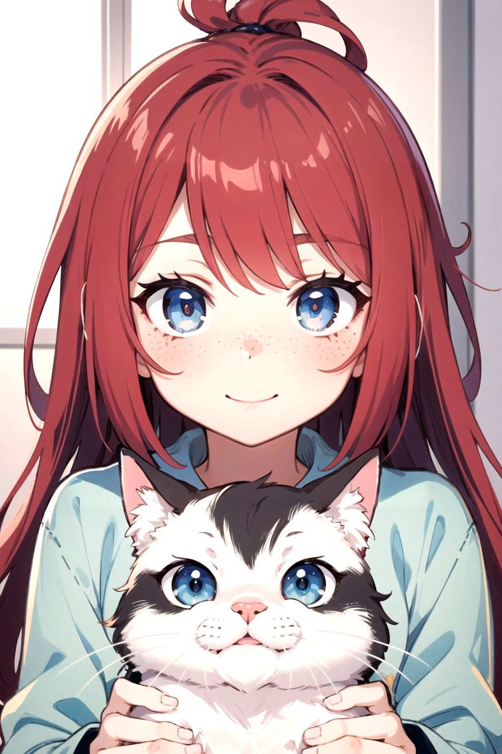 a beautiful anime girl, red hair, freckles, smooth skin, blurry background, holding a cat, soft, cute, happy, illustration, cute, perfect proportions, perfect face, perfect eyes