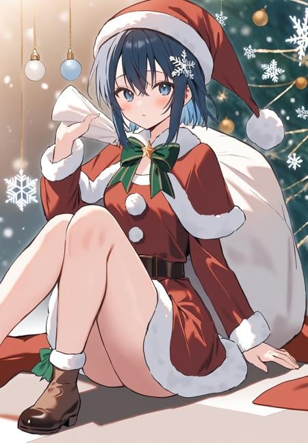 1girl,   hanekoto, full body, short dress, red capelet, bow, fur-trimmed dress, dress, brown footwear, looking to the side, brown dress, alternate costume, holding, hair between eyes, arm at side, capelet, solo, ribbon, sidelocks, parted lips, shoes, santa costume, snowflake hair ornament, pom pom \(clothes\), blue bow, belt, red hat, hat, sack, knees up, holding sack, green bow, hat ornament, long sleeves, blue eyes, fur-trimmed capelet, santa hat, short hair, blush, hand up, green ribbon, blue hair, brown belt, fur trim, sitting, fur-trimmed sleeves, hair ornament, masterpiece, best quality, newest <lora:hanekoto_image488_2024-03-28_a31-000018:1>