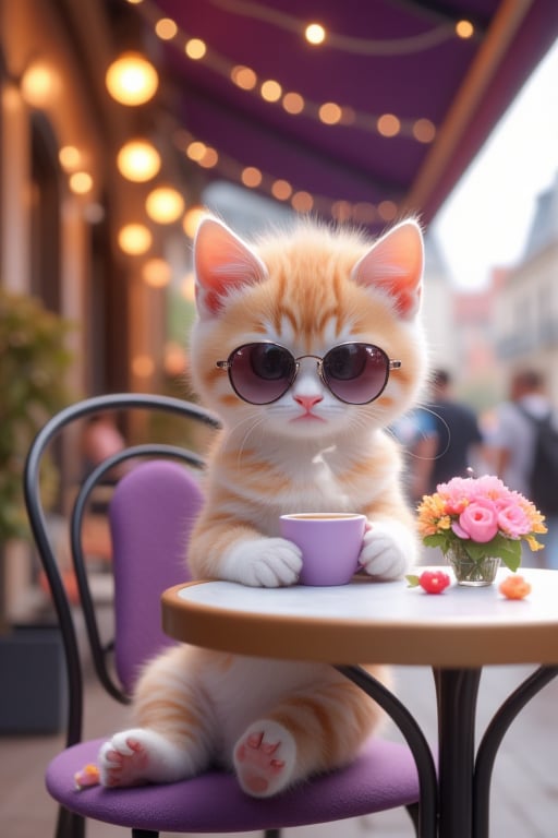 A little kitten is sitting at a chic outdoor café table,wearing stylish sunglasses. The café is set in a bustling city square with beautiful architecture and people passing by. The table is adorned with a colorful bouquet of flowers. The kitten has a relaxed expression (legs crossed),sipping a tiny cup of coffee. The coffee steam swirls up,adding a cozy touch. The kitten's sunglasses reflect the city lights and the passersby. The café's awning is a deep purple,and there are strings of fairy lights hanging above. The sound of soft music and chatter fills the air. Super realistic,photography,super details.,