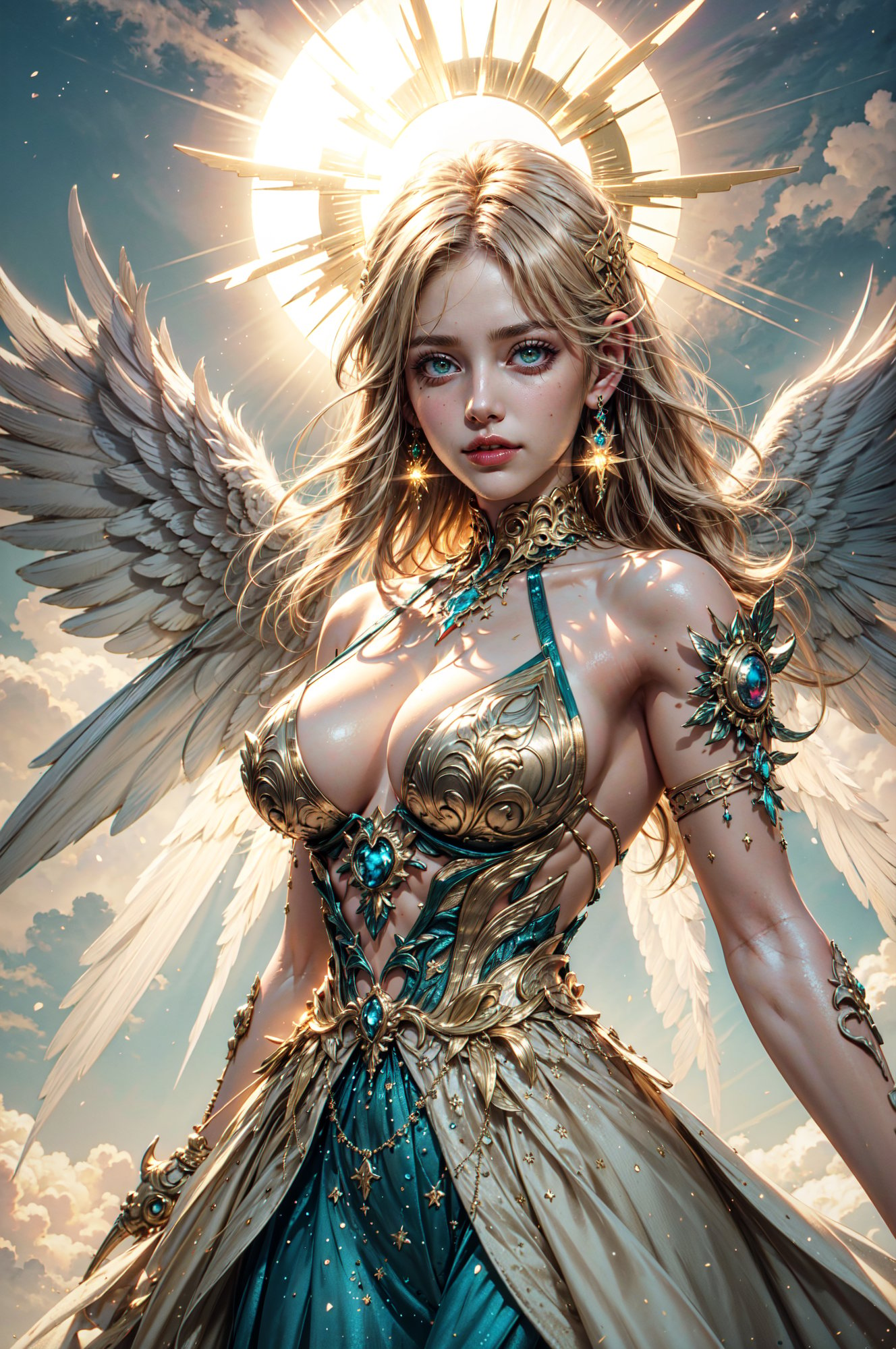 Blonde girl wearing a white LAstargalaxydress, (white dress:1.4), hair moved by wind, (blonde hair), beautiful green eyes, long hair, (flying in the sky:1.1), <lora:LAstargalaxydress:0.65> , (large angel wings), (falling feathers), (angelic halo above head:1.2), (golden halo:1.4), (ornaments_earrings:1.1), large breasts, BREAK,(masterpiece), perfect anatomy, intricate, (highly detailed), photorealistic, perfect anatomy, cinematic lighting, shading, best quality, ultra-detailed, (illustration), looking at viewer,  (extremely detailed dress design), fantasy theme, dynamic pose, vibrant color, stunning details, (heavenly background:1.3), ((god rays, sun ray, clouds):1.4), (bright theme:1.3),