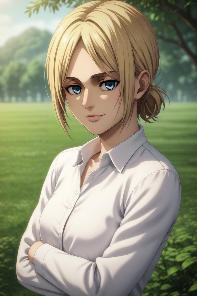 score_9, score_8_up, score_7_up, source_anime, rating_safe, intricate details, (3d:0.4), , , 1girl, christa renz, shingeki no kyojin, blonde hair, blue eyes, solo, upper body, skytree, day, sunny, arms under breasts, light smile, <lora:shingeki_no_kyojin_s4_style_pony:0.74>, shingeki_no_kyojin_s4_style, <lora:sdxl_lightning_8step_lora:1>