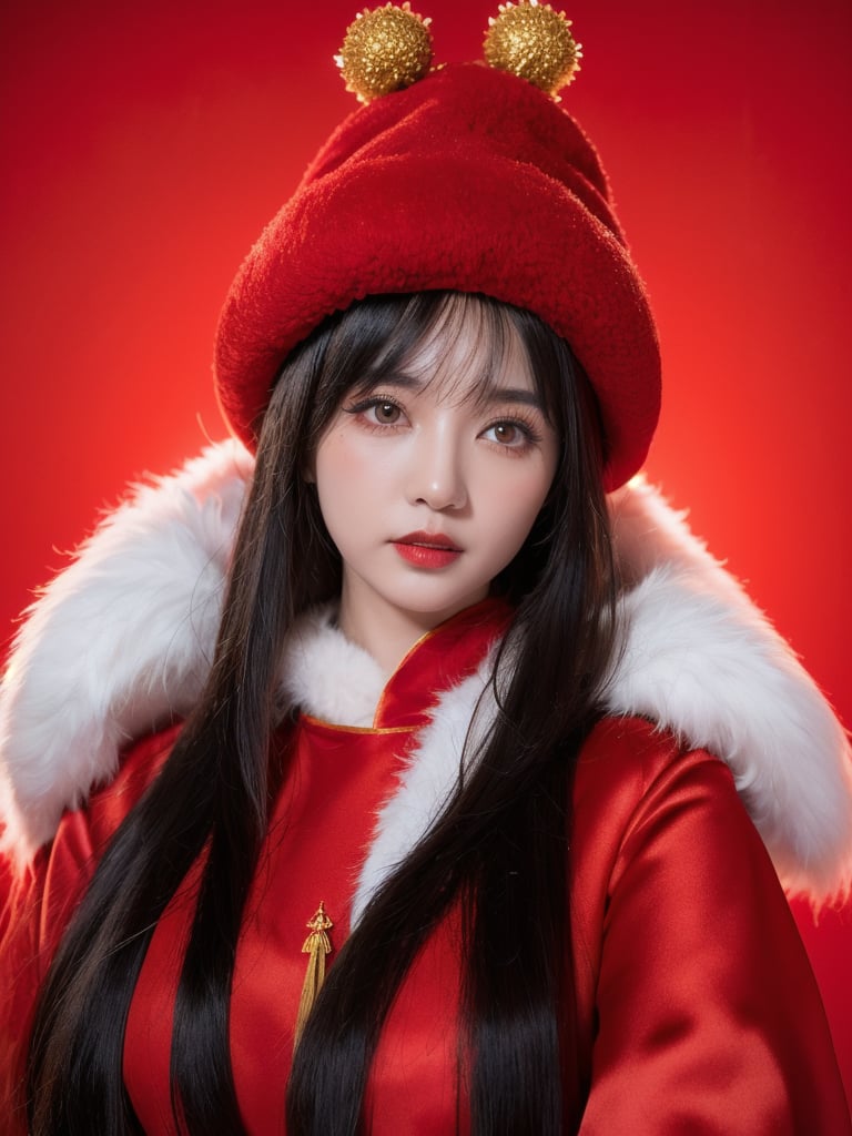 masterpiece, best quality, 1girl, red background, black hair, Long curly hair, face front, ((red fashion silk lone costume with red swirling vortexes pattern)), ((Red Plush Fur Hat)), emotional face, (close up portrait), make up, studio light, studio