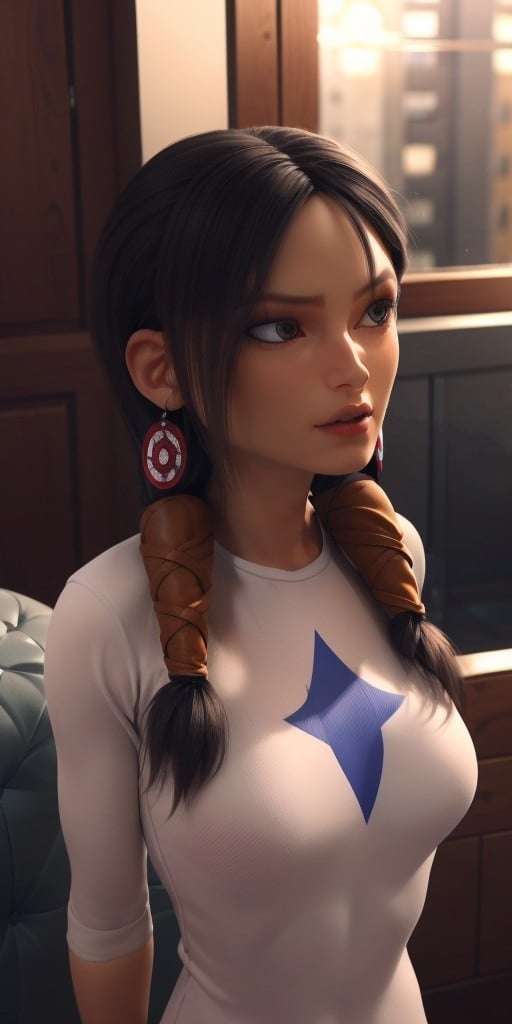 Hyperrealistic, photorealistic, super detailed, black hair, fifteen years old, expressive grey eyes, body like in real life, large pores, slender, light brown skin, beautiful arms, very little breasts, unreal engine, octane render, droped shadow, bokeh, cinematic lighting, <lora:add_detail:0.5>, <lora:Volumetric_lighting:0.6>, hair is parted down the middle braided at the sides and wrapped in leather, gray eyes, fingernails are painted with a metallic blue nail polish, eyebrows are sharply curved at the outer ends, Birth mark can be seen under her left eye, , <lora:4dcdfb52-dfd4-4bd7-9c48-948e4f9c3676:0.7>