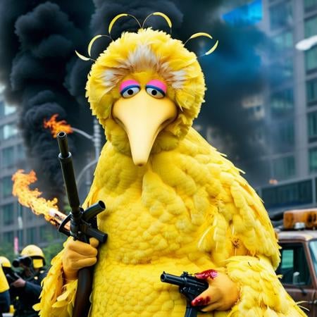 cinematic photo Bigbird1024, a giant yellow bird with weapons, angry, war, blood, apocalypse, fires <lora:Bigbird1024-000255:0.7> . 35mm photograph, film, bokeh, professional, 4k, highly detailed