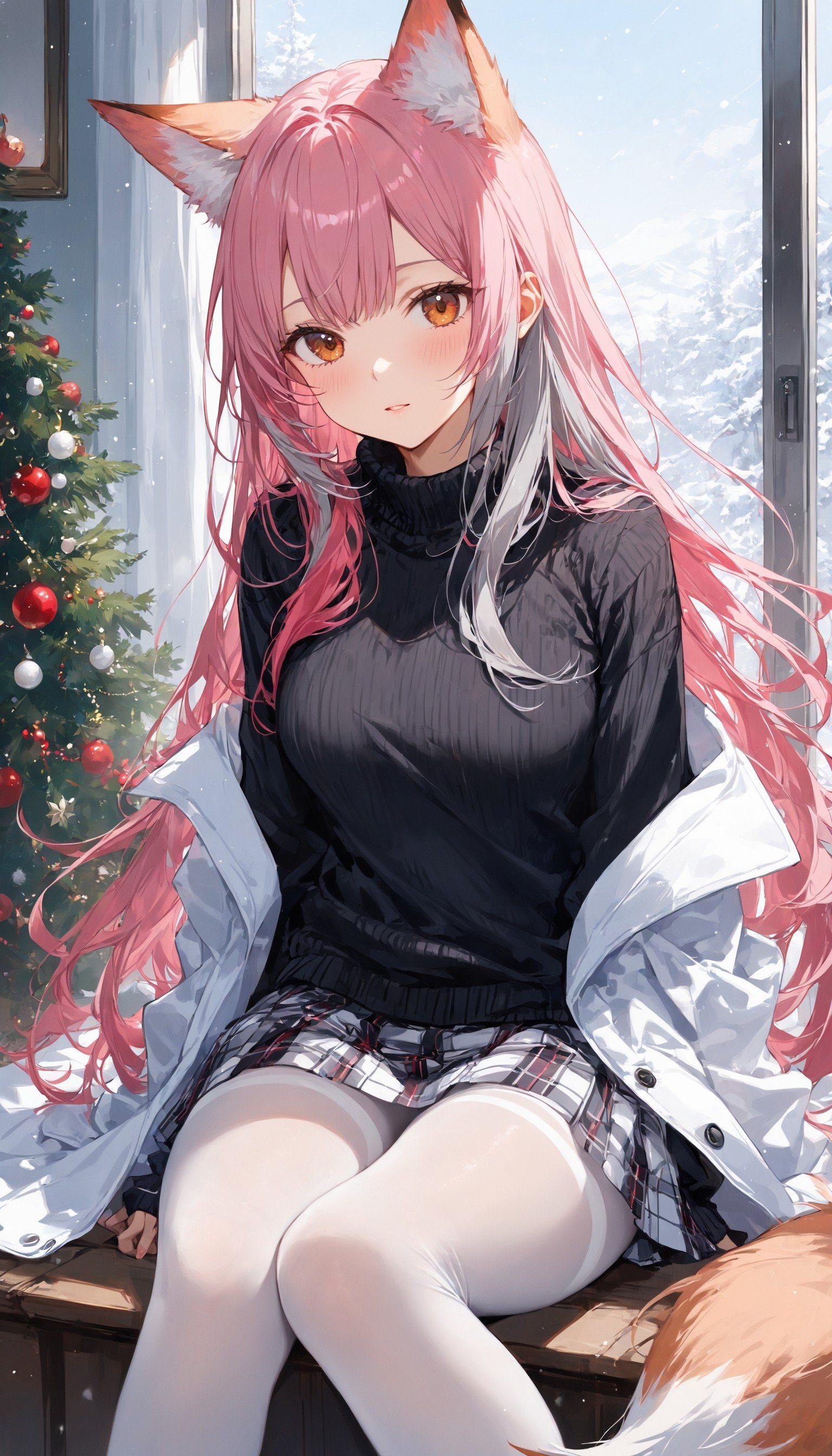 1girl, fox girl, fox tail, pink hair, grey hair, two tone hair, long hair, white windcoat, black sweater, white plaid skirt, grey thighband_pantyhose, winter theme, sitting down,,masterpiece, best quality, score_9, score_8_up, score_7_up, ultra-detailed, Best-A, Medium-B, Low-C, Bad-D,