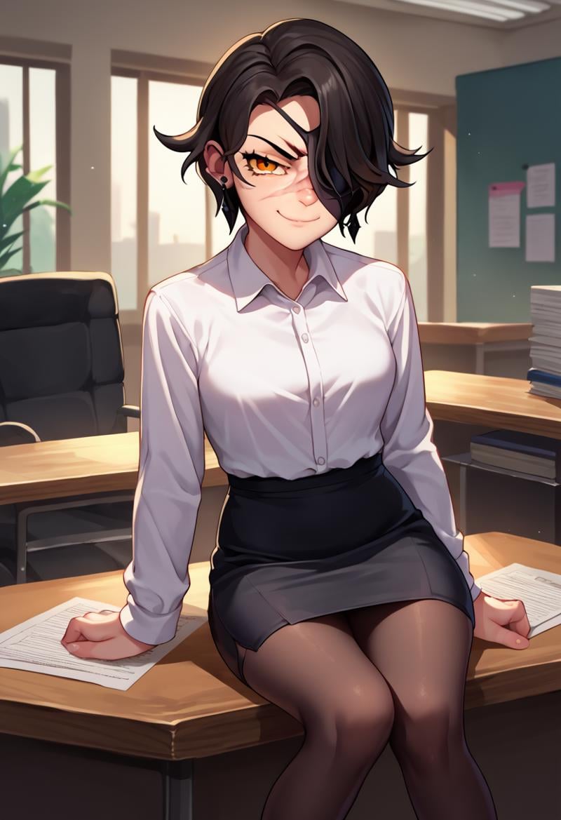 score_9, score_8_up, score_7_up, source_anime, solo, 1girl, cindermistral, scar on face, smug, looking at viewer, sitting on table, hair over one eye, eyepatch, white shirt, collared shirt, black skirt, pencil skirt, black pantyhose, earrings, indoors, office <lora:rwby_cinderfall_ponyXL-MISTRAL:1>