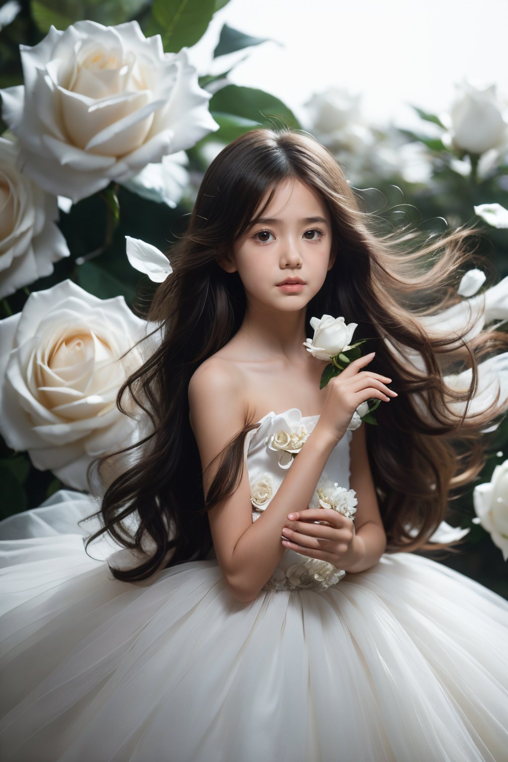 <lora:A five year old girl_20240506194719:0.8>,(5-year-old girl:1.2),flower,dress,solo,long hair,white flower,petals,white dress,white rose,rose,brown hair,bare shoulders,very long hair,strapless,black hair,strapless dress,