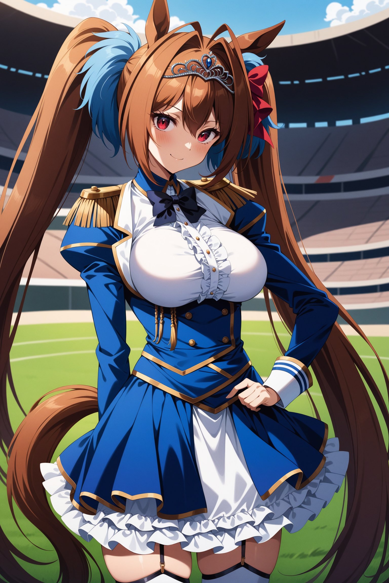 (masterpiece, best quality, very aesthetic, ultra detailed), intricate details, 4k, anime style, aadaiwa, long hair, twintails, hair bow, animal ears, tiara, horse tail, blue bowtie, epaulettes, framed breasts, underbust, center frills, blue dress, long sleeves, layered skirt, garter straps, white thighhighs, <lora:daiwa_scalet_XL_v1:0.9>, standing, cowboy shot, stadium, grass, smile