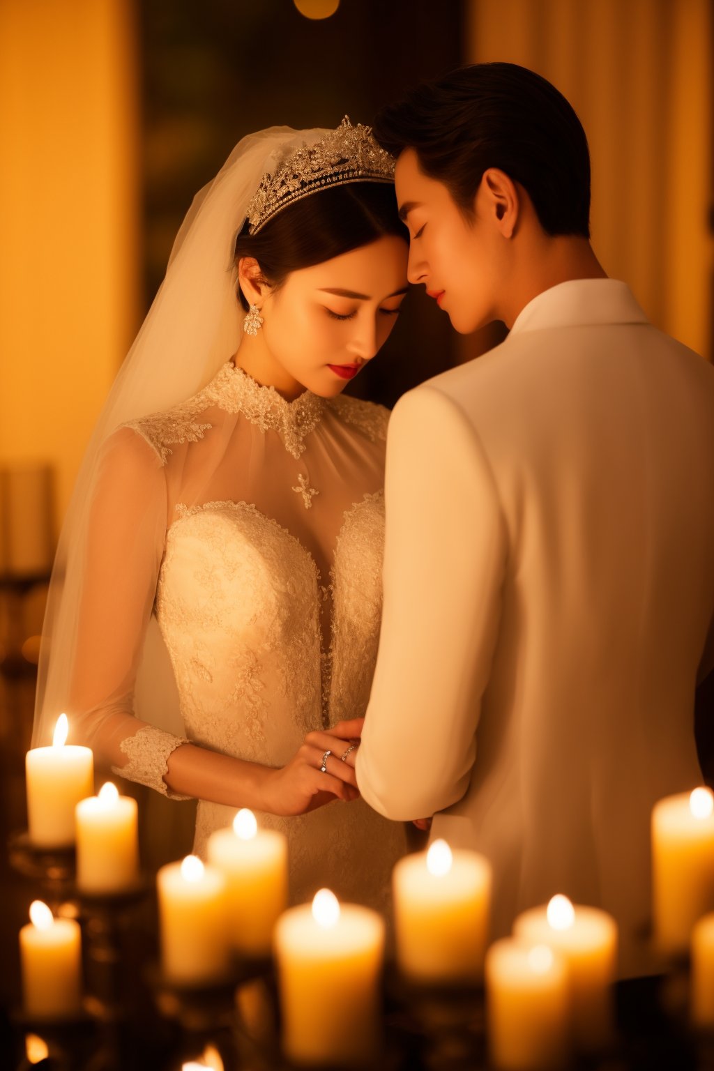 Wedding ceremony, bride and groom, vintage style, lighting candles, romantic atmosphere, candelabra, soft focus, warm tones, side profile, formal attire, white wedding dress, lace details, veiled tiara, groom in vest and tie, dark hair, intimate, bokeh background, candid moment, low light, serene, elegance, indoor setting, masterpiece,best quality,ultra-detailed,