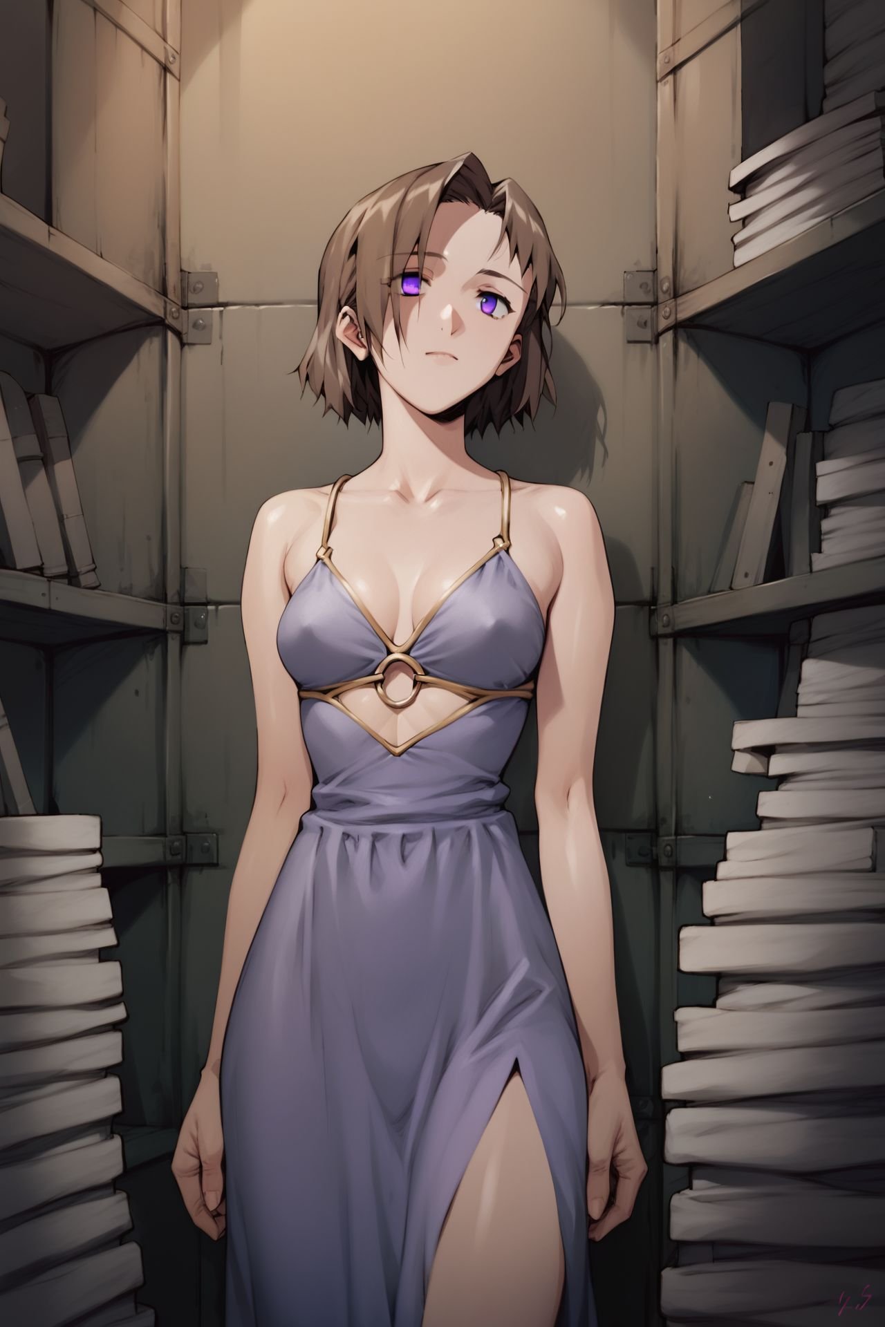 score_9, score_8_up, score_7_up, 1girl, dizzy, light_brown hair, hair_over_one_eye, flattop, light_purple eyes, medium breasts, column dress, arms_up, storage room, foggy atmosphere <lora:Sadamoto_Yoshiyuki_PonyXL_style_v01:1>