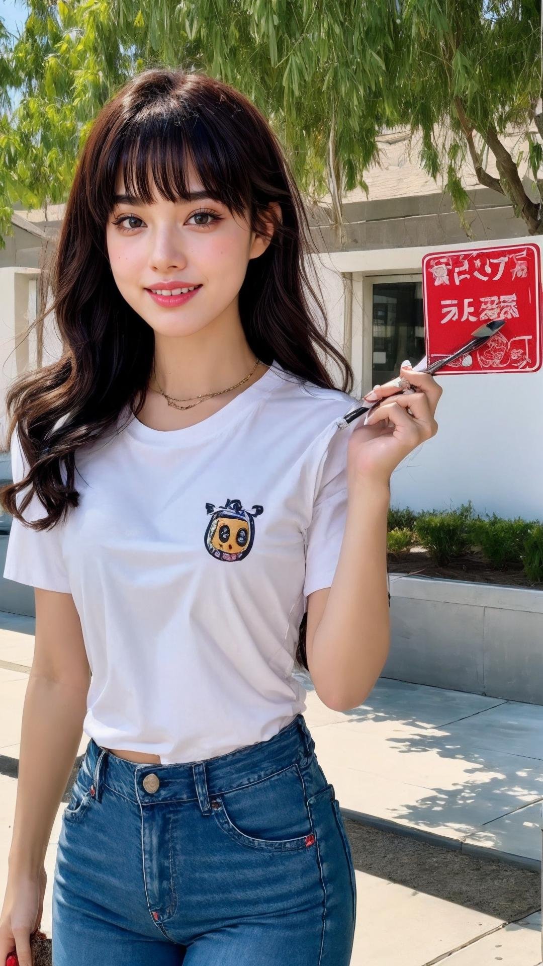 (smile) 1girl,  solo,  pretty,  masterpiece,  best quality,  extremely detailed,  black eyes,  black iris,  white t-shirt,  jean,  perfecteyes,<lora:EMS-179-EMS:0.400000>,<lora:EMS-87436-EMS:0.800000>