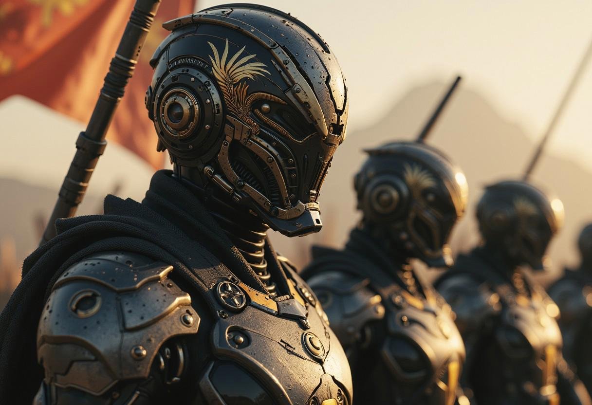 a dynamic actionscene of a  far future  imperial elitesoldier (cyberpunk2077, dune) wearing a blackenend tactical armor with silver details, with the a golden stylized symbol of the phoenix embracing a circle around it. behind him elitesoldiers follow him into battle, as they listen to the orders. the imperial banner is hold by one of the soldiers is waving in the wind, extreme detailed textures and materials. volumetric lighting and volumetric fog. raytracing and pathtracing. 