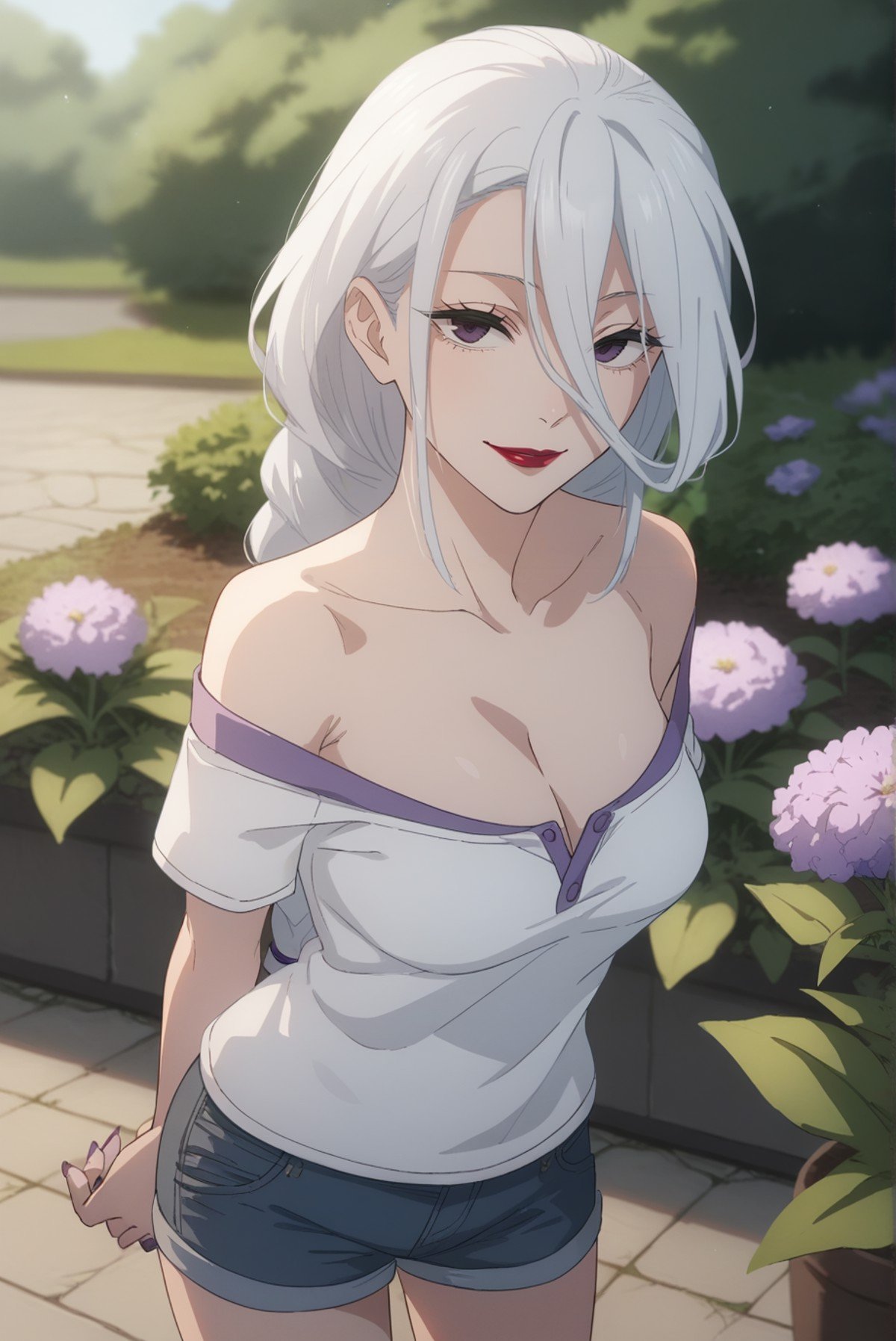 score_9, score_8_up, score_7_up, score_6_up, score_5_up, score_4_up, BREAK source_anime, 1girl, solo,<lora:MeimeiXL-v1-06:0.8>, ChopioMeiMei, white hair, looking at viewer,medium breasts, purple nails,long hair, braided ponytail, long bangs, hair tie, hair between eyes, red lipstick, purple eyes,outdoors, garden, flowers, pond, standing, seductive smile,cleavage, strap, bare shoulders, denim shorts, loose white shirt, arms behind back,