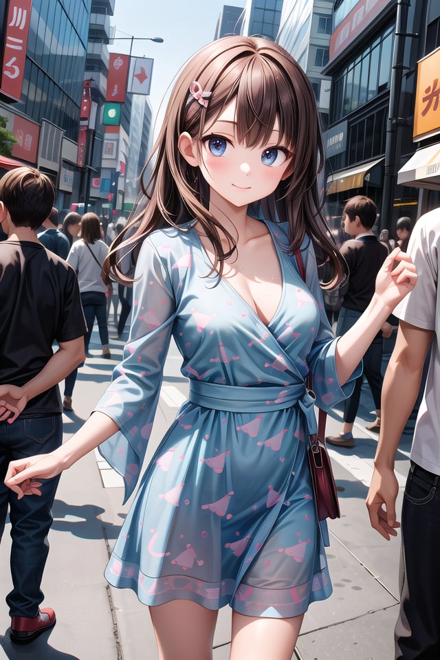 insanely detailed, absurdres, ultra-highres, ultra-detailed, best quality,1girl, solo, nice hands, perfect handsBREAK(Bohemian Style Printed Wrap Dress With V-Neck:1.4),(see through and fish pattern cloths:1.3), (navel:-1)BREAKseductive smile, closed mouthBREAKstanding, cowboy shot, looking at viewerBREAKslender, kawaii, perfect symmetrical face, ultra cute girl, ultra cute face, ultra detailed eyes, ultra detailed hair, ultra cute, ultra beautifulBREAKshibuya, akihabara, tokyo, street, crowd, cityscape, depth of field, ultra detailed backgroundBREAKmedium large breastsBREAKbrown hair, brown eyes, long hair,