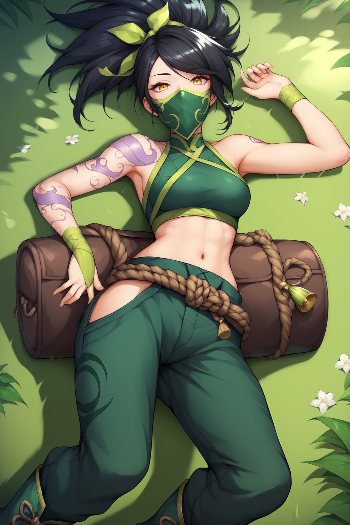 score_9, score_8_up, score_7_up, score_6_up, score_5_up, score_4_up, AkaliLoLXL, green mouth mask, yellow eyes, black hair, swept bangs, green ribbon, hair ribbon, long ponytail, arm tattoo, tattoo, medium breasts, bare shoulders, green crop top, leaf on hand, navel, rope belt, cylinder bag, hip vent, green pants, green boots, lying on grass, looking at viewer, forest, tree  <lora:AkaliLoLXL:0.8>