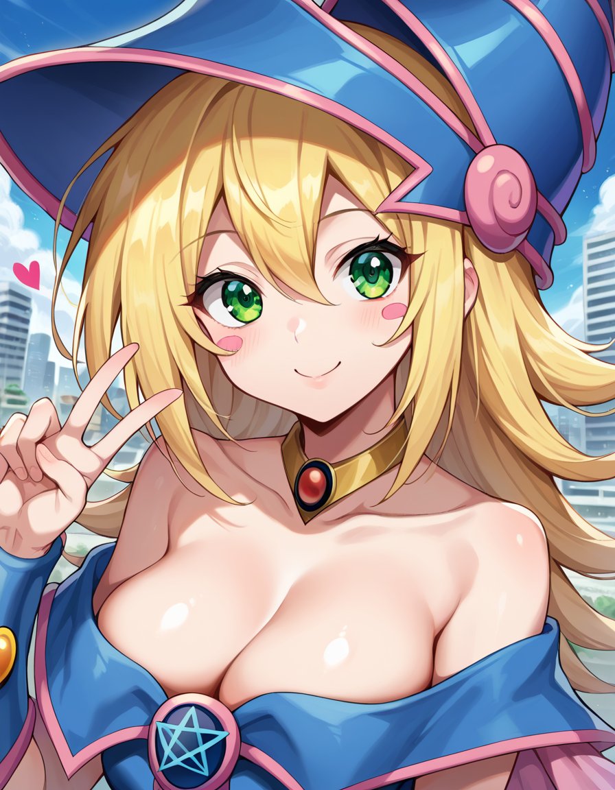 score_9, score_8_up, score_7_up, source_anime,darkmagiciangirl, <lora:dark-magician-girl-ponyxl-lora-nochekaiser:1>dark magician girl, blonde hair, choker, green eyes, long hair, blush, blush stickers, smile, mature female,bare shoulders, blue footwear, blush, blush stickers, cleavage, collarbone, duel monster, hat, off shoulder, pentacle, wizard hat,outdoors, cityscape, peace sign, heart,looking at viewer, dutch angle, cowboy shot,