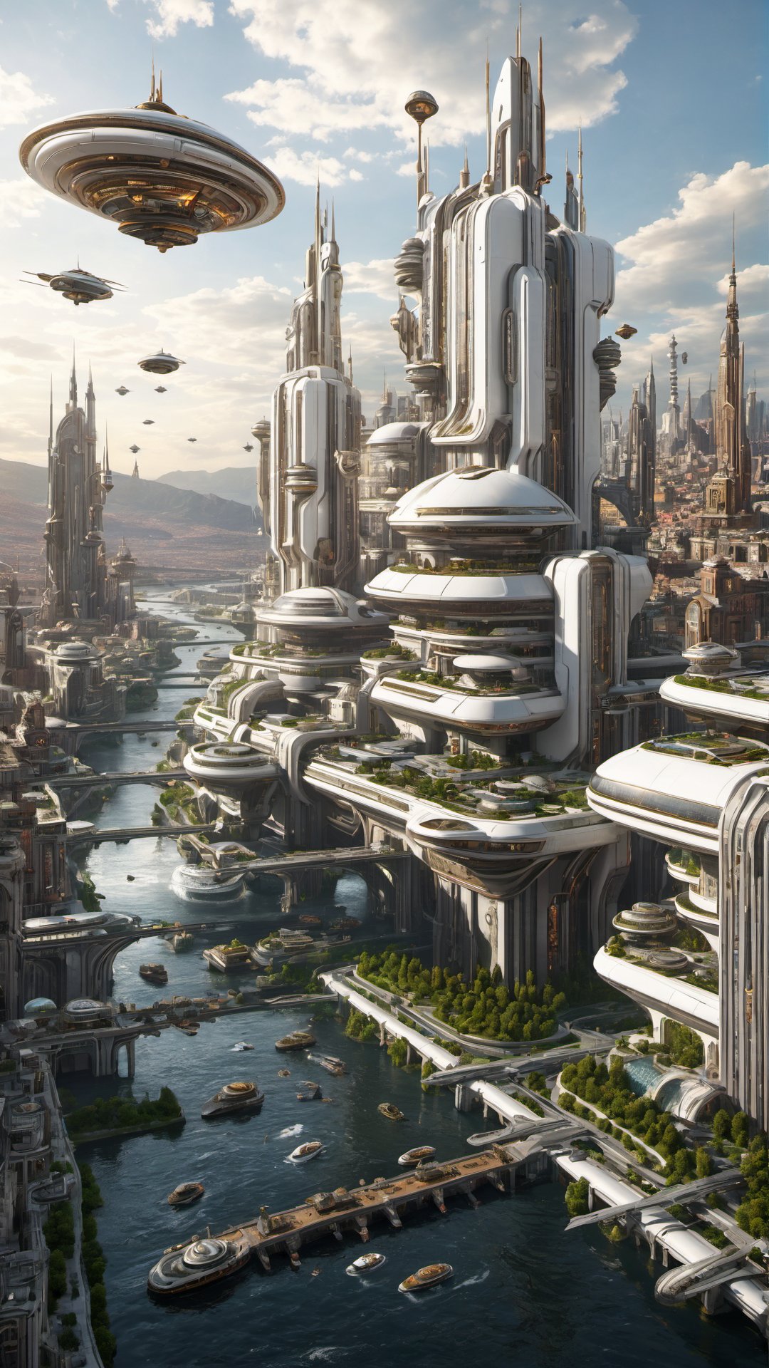 masterpiece:1.5,(best quality:1.5),realistic,(white building:1.5),the foreground is a river that runs through a city filled with futuristic buildings and floating islands.,<lora:solar punk_太阳朋克-000008:0.4>,steampunk,(sense of science and technology:1.5),(mechanical sense:1.4),good composition,urban agglomeration,highly developed,sense of future technology,dense urban agglomeration,alien building,transfer gate,