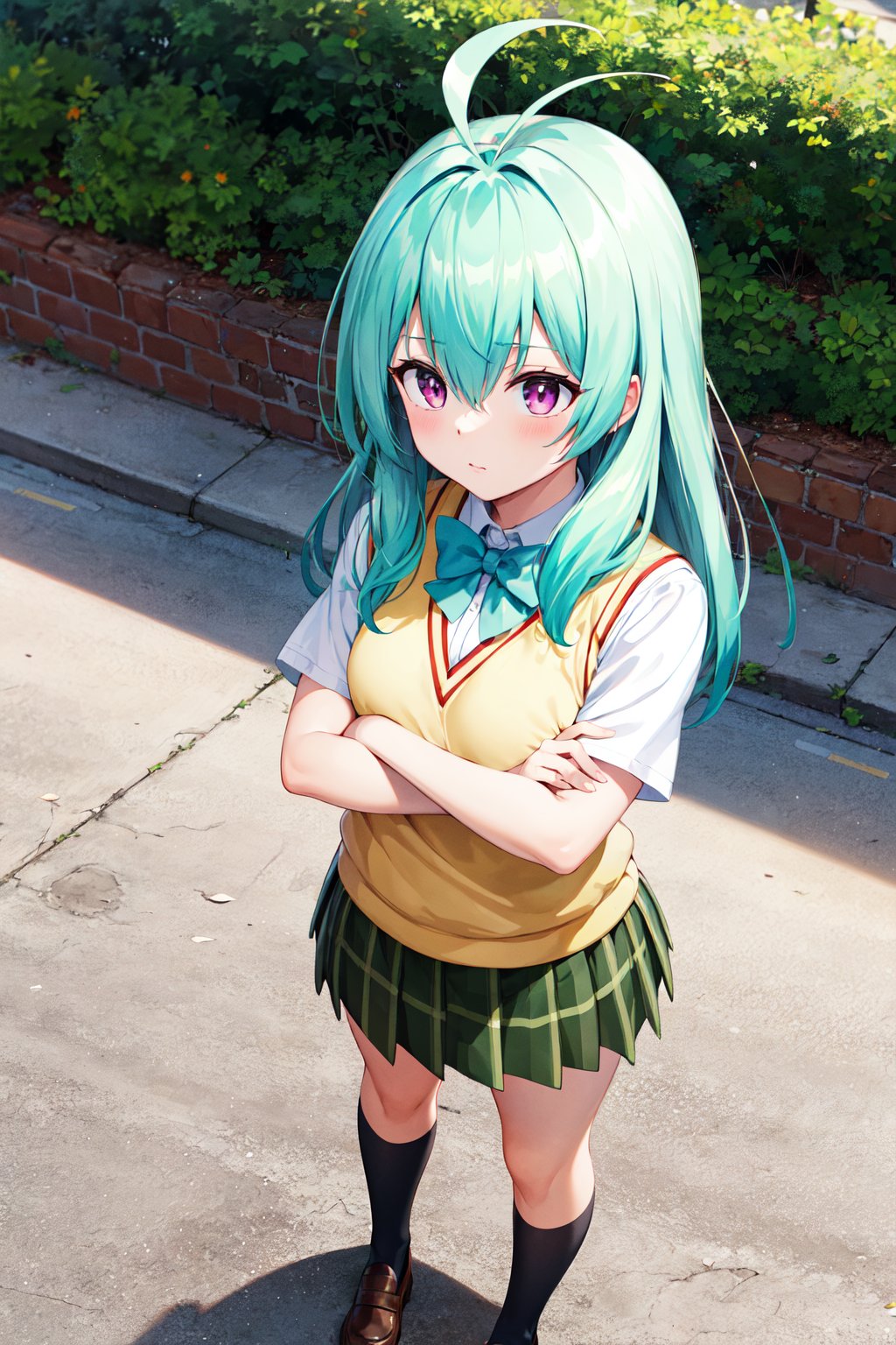 masterpiece, best quality, highres, aarej, solo, long hair, antenna hair, purple eyes, school uniform, green bowtie, white shirt, sweater vest, yellow vest, short sleeves, plaid skirt, green skirt,  <lora:run_elsie_jewelria_v1:0.7>, crossed arms, serious, outdoors, standing, full body, from above, 