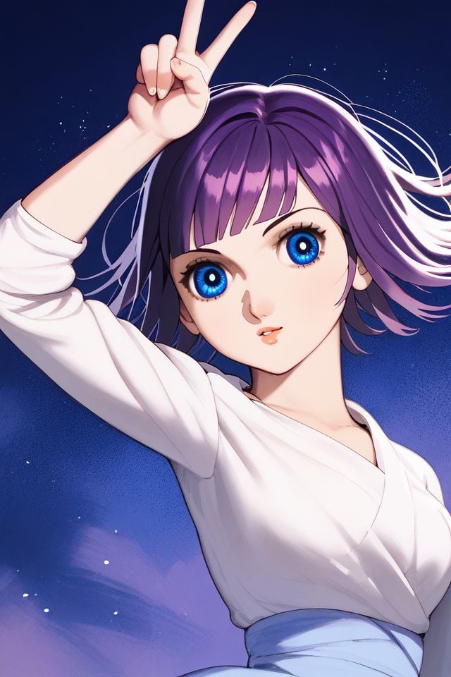 score_9, score_8_up, score_7_up, 1girl, dark_purple hair, textured_bangs, blue eyes, victory pose, beautiful background <lora:Osamu_Tezuka_PonyXL_style_v01.10.02.02:1>