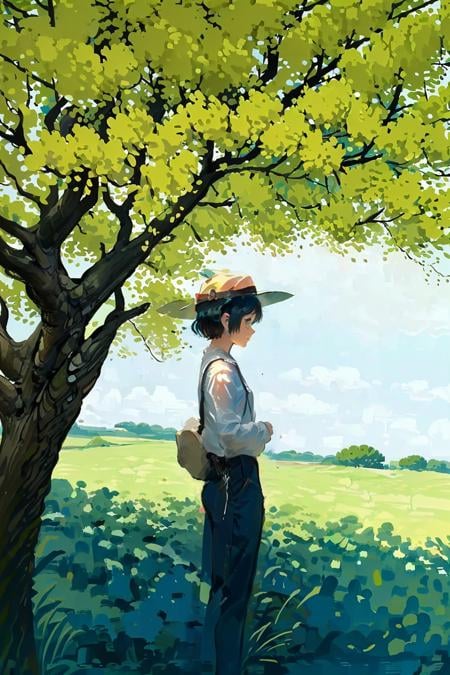 1girl, solo, hat, outdoors, tree, sun hat, short hair, day, upper body, white headwear, nature, from side, shirt, scenery, white shirt, black hair, brown hair, profile, sleeveless(illustration:1.0), masterpiece, best quality, <lora:summer tree_20230919090103:0.8>