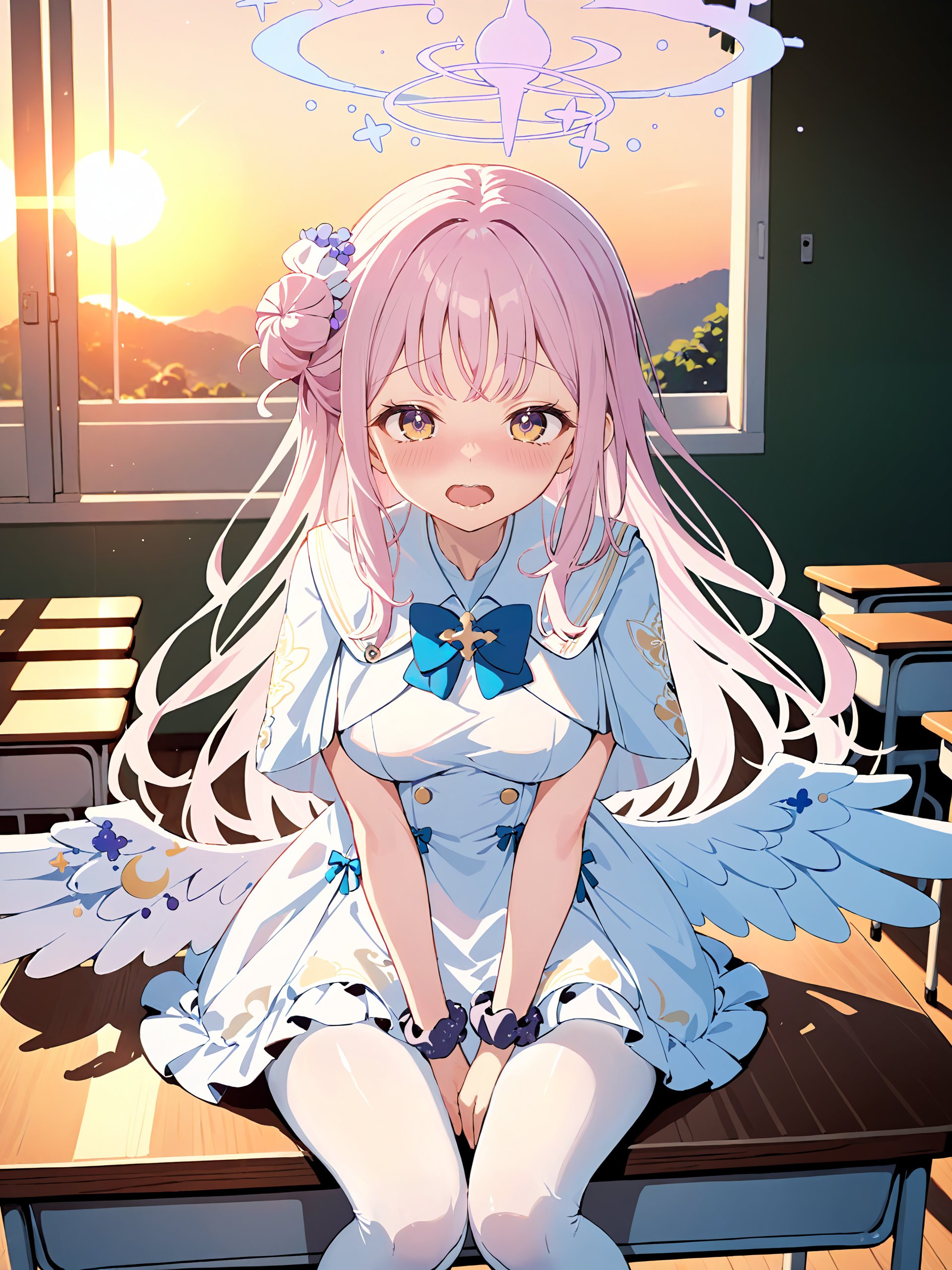 1girl, mika \(blue archive\), solo, halo, wrist scrunchie, low wings, hair flower, white dress, single side bun, white pantyhose, capelet, blue bowtie, sitting on desk, looking at viewer, gasping, ecstasy, blush, wavy mouth, sunset, classroom, window, backlighting, depth of field, <lora:Char-BlueArchive-Mika-XL-V1:0.8>, masterpiece, best quality, perfect features, intricate details, ray tracing, very aesthetic, (hitenkei, askzy:0.4)