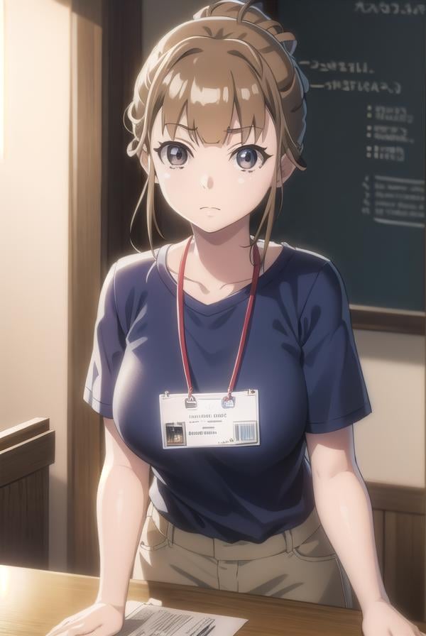 hinatamiyake, <lora:hinata miyake s1-lora-nochekaiser:1>,hinata miyake, short hair, brown hair, (brown eyes:1.5),BREAK shirt, short sleeves, uniform, blue shirt, name tag, id card, employee uniform,BREAK indoors,BREAK looking at viewer,BREAK <lyco:GoodHands-beta2:1>, (masterpiece:1.2), best quality, high resolution, unity 8k wallpaper, (illustration:0.8), (beautiful detailed eyes:1.6), extremely detailed face, perfect lighting, extremely detailed CG, (perfect hands, perfect anatomy),