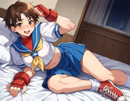 score_9, score_8_up, score_7_up, source_anime,sakurakasugano, <lora:sakura-kasugano-ponyxl-lora-nochekaiser:1>,sakura kasugano, brown eyes, brown hair, short hair, mature female,ankle socks, blue skirt, crop top, headband, midriff, miniskirt, navel, sailor collar, school uniform, shoes, short sleeves, skirt, sneakers, socks, stomach, shirt, white shirt, white headband, gloves, red gloves,indoors, bed, bed room, on side, blush, drunk,looking at viewer, dutch angle, cowboy shot,