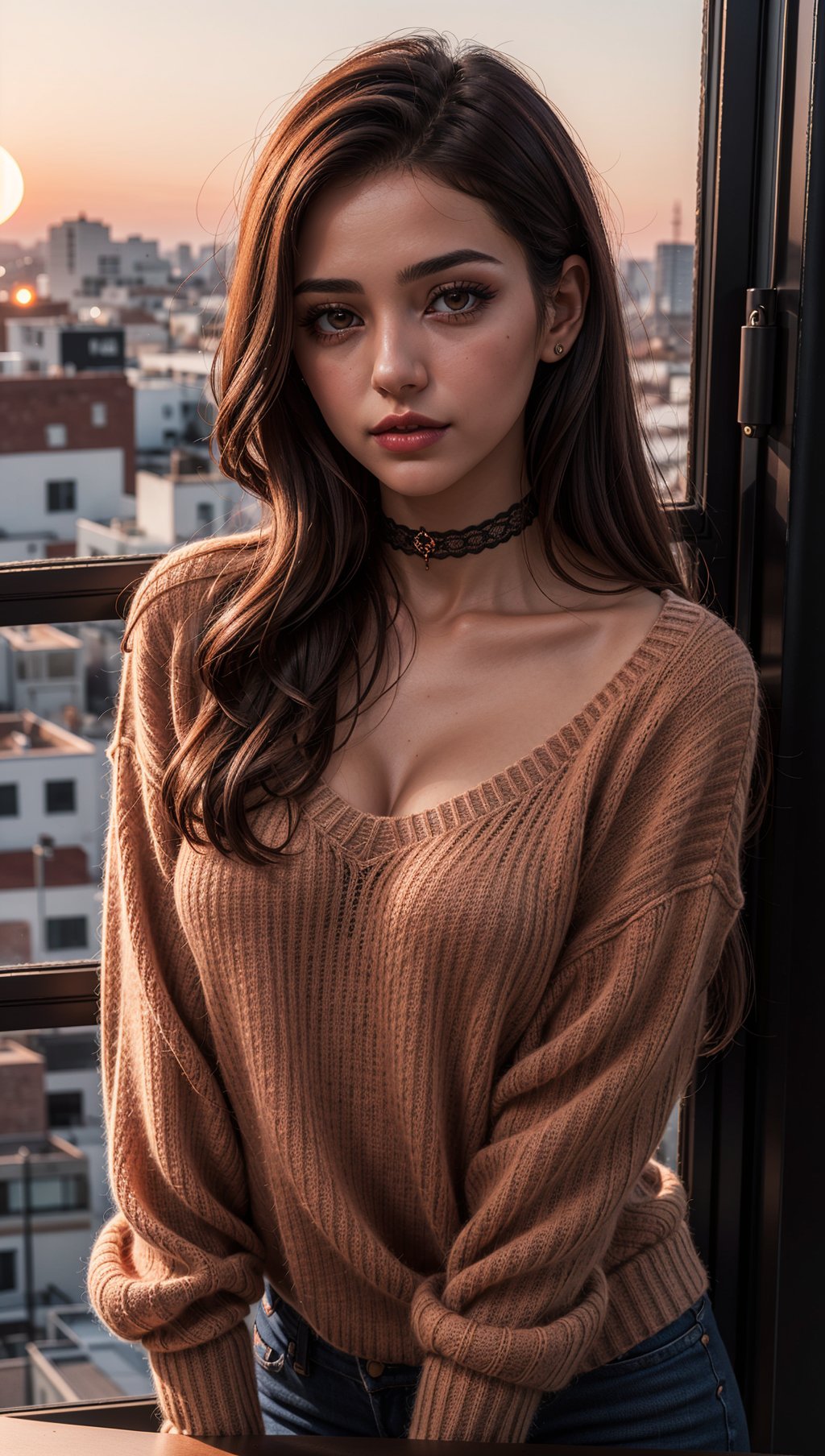 1 young cute iranian girl,very slim,skinny,redhead,rouge,red neck lace choker,cateyes makeup,colorful,oversize knit jumper,softcore,warm lighting,cosy atmosphere,Instagram style,red theme,upper body shot,(cinematic, black and red:0.85),(sunset beautiful background:1.3),sharp,dim colors,