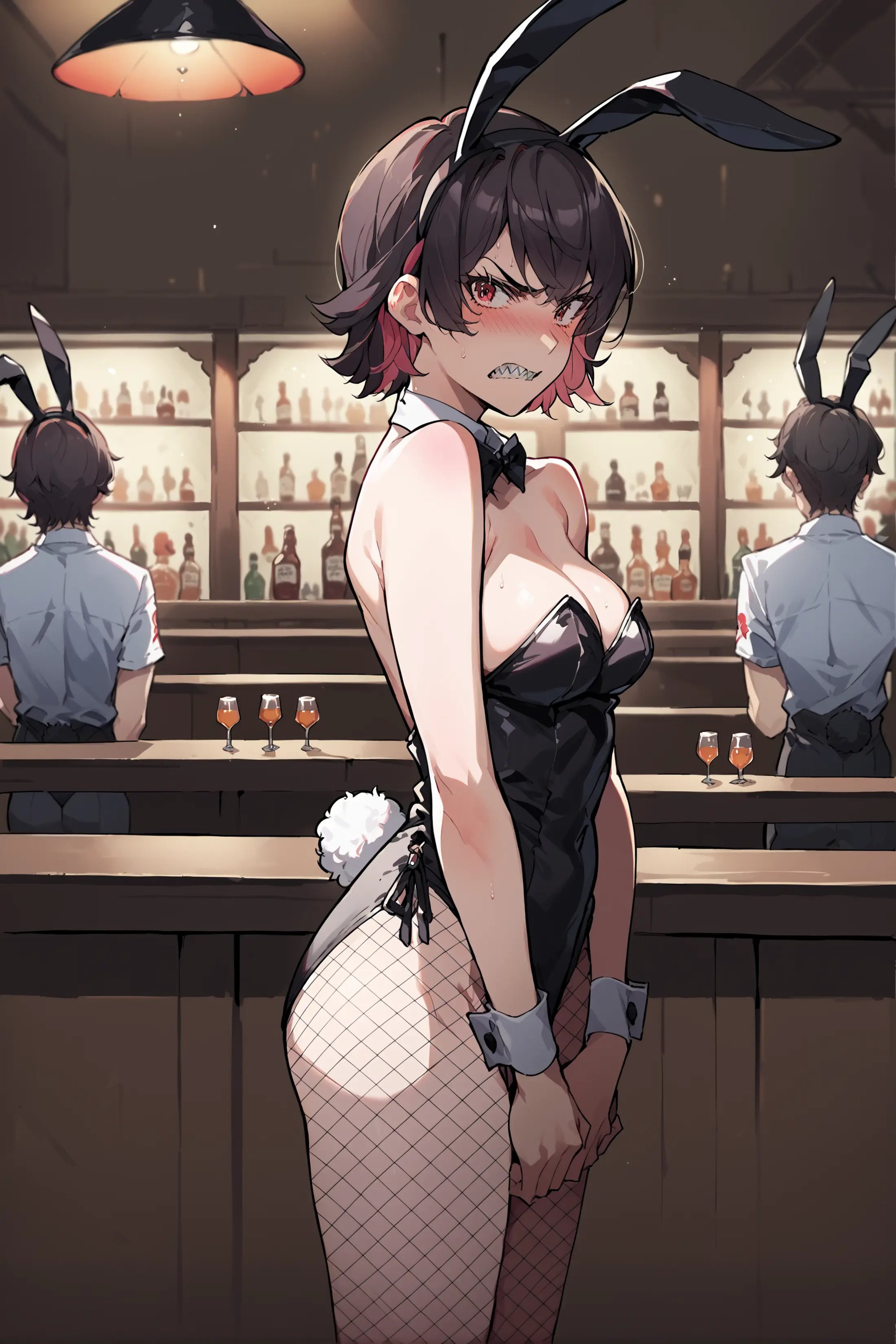 score_9, score_8_up, score_7_up, source_anime, 1girl, ellen joe, playboy bunny, fishnets, fake animal ears, rabbit ears, bar \(place\), indoors, depth of field, cowboy shot, taut dress, v arms, looking at viewer, embarrassed, blush, angry, clenched teeth, sharp teeth  <lora:Char-ZZZ-EllenJoe-pony-V1:0.8>  <lora:MikaPikaZoXLP6lokrV42310:0.35> <lora:yoneyamaiXLP6lokrV4236:0.35> 