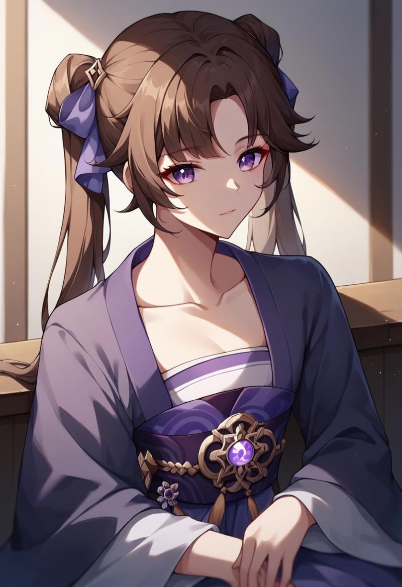 score_9, score_8_up, score_7_up, hanfu, collarbone, brown hair, upper body, sidelocks, ribbon, sitting, purple eyes, vision (genshin impact), twintails, parted bangs